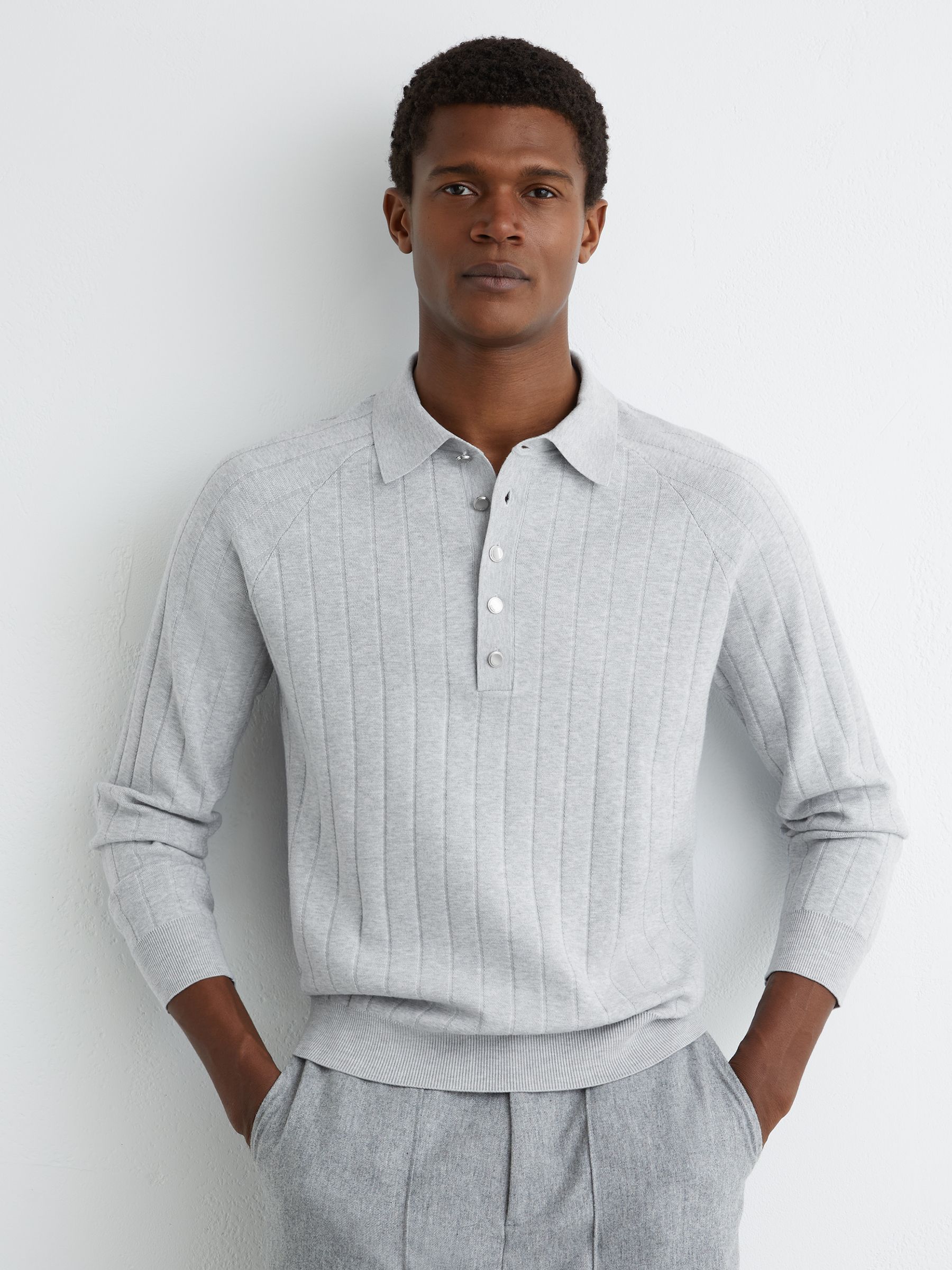 Wide-Ribbed Half-Button Polo Jumper in Soft Grey - Image 4 of 7