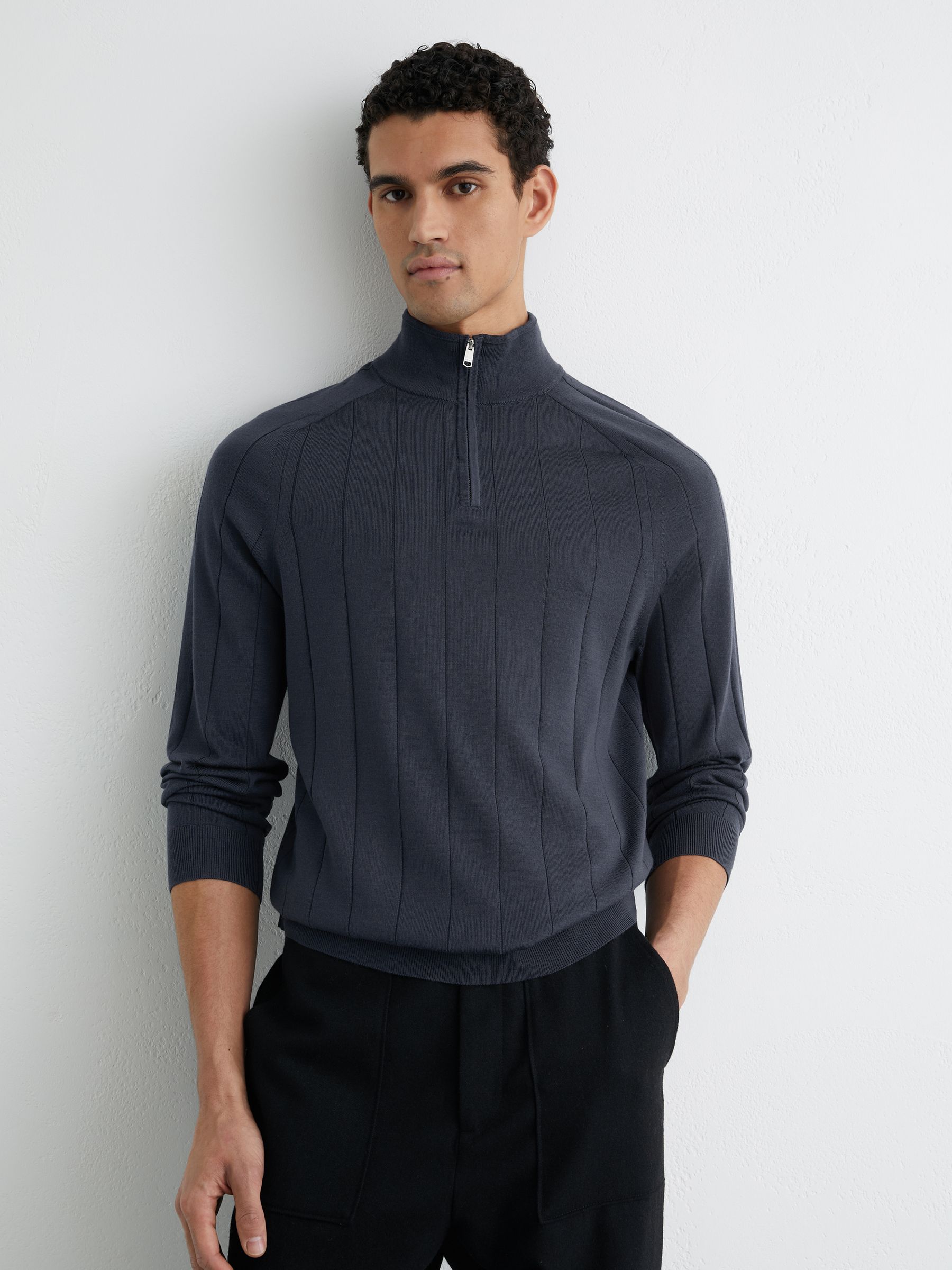 Merino Wool Wide-Rib Half-Zip Jumper in Airforce Blue - Image 1 of 6