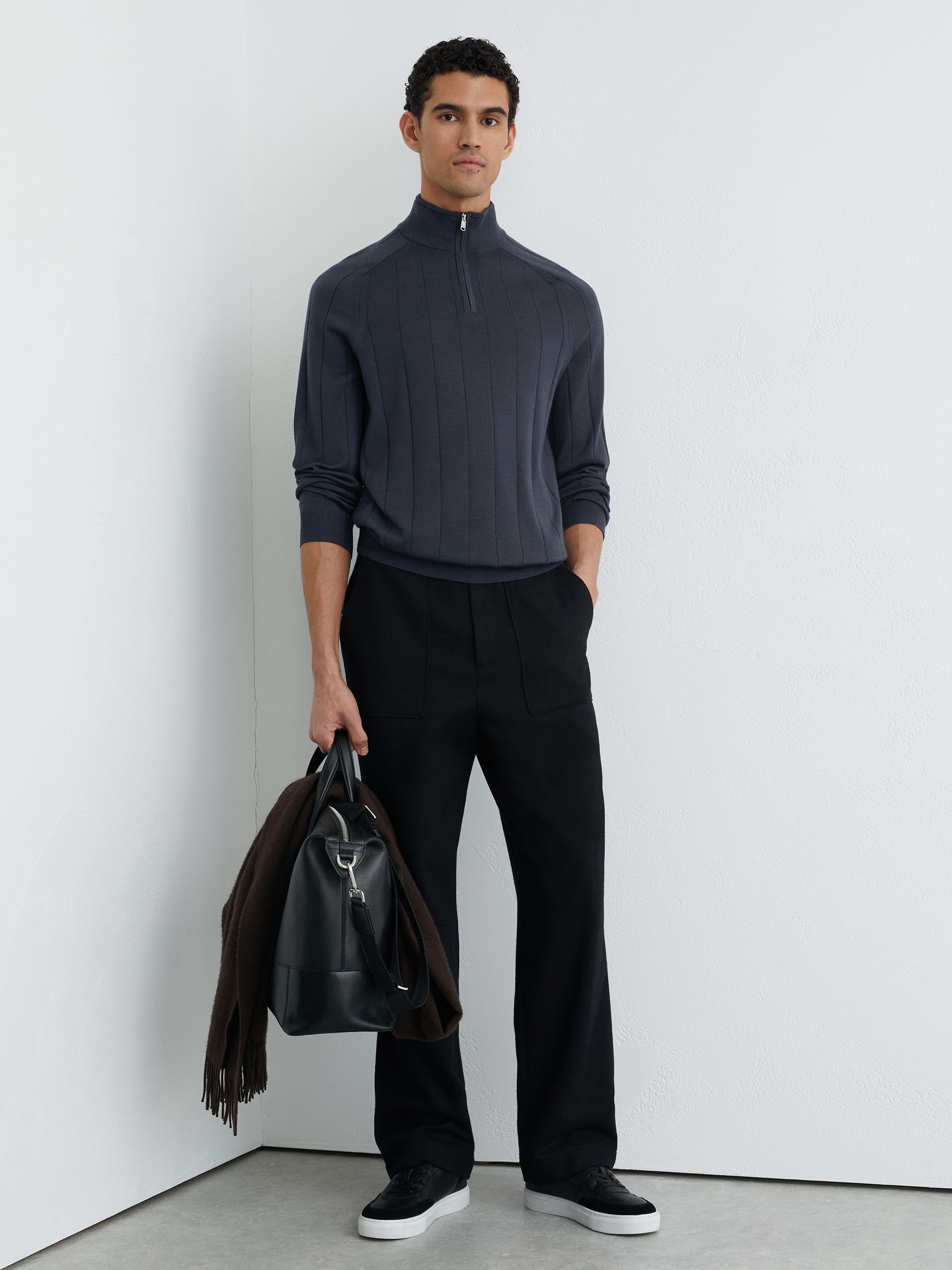 Merino Wool Wide-Rib Half-Zip Jumper in Airforce Blue - Image 3 of 6