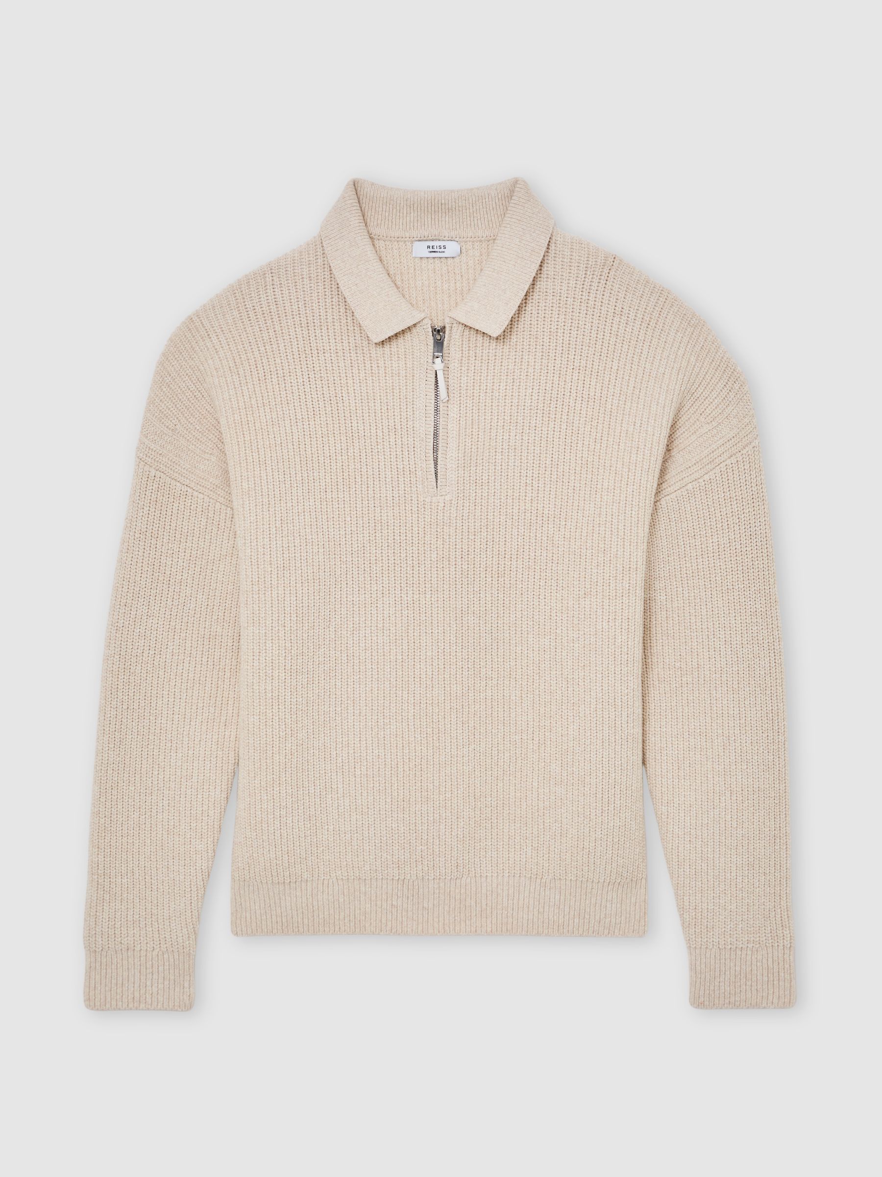 Cotton-Blend Rib Half-Zip Polo Jumper in Oatmeal Melange - image 1