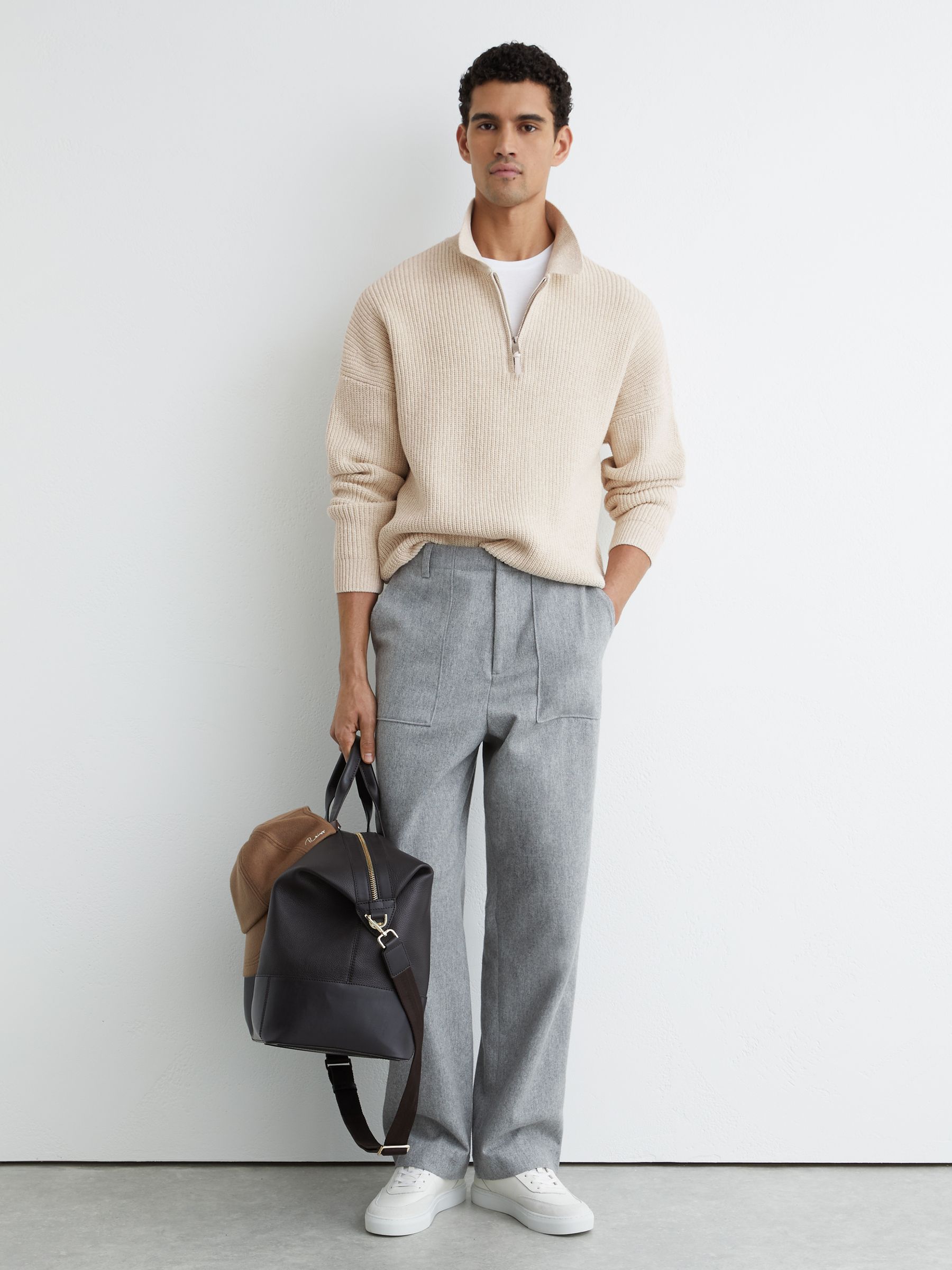 Cotton-Blend Rib Half-Zip Polo Jumper in Oatmeal Melange - Image 3 of 7