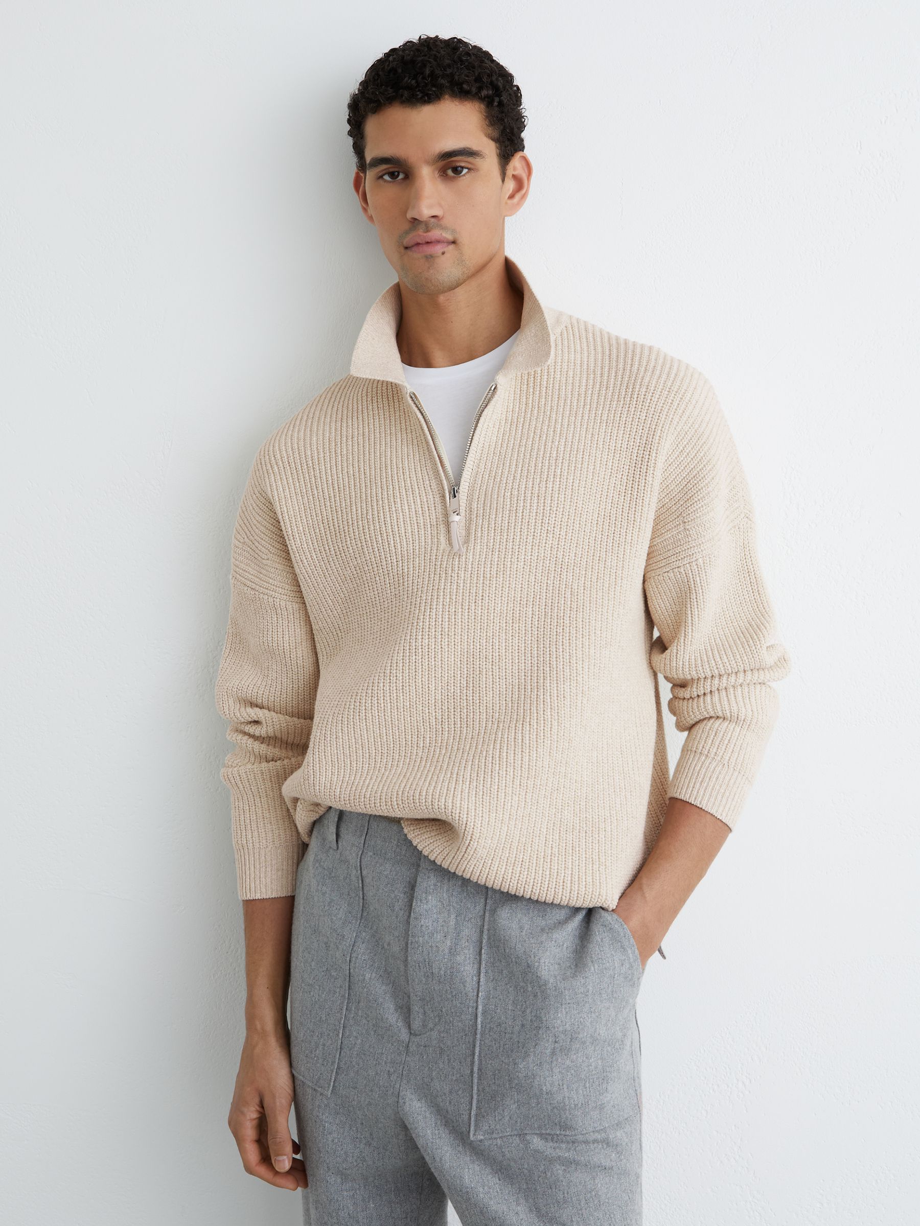 Cotton-Blend Rib Half-Zip Polo Jumper in Oatmeal Melange - image 5