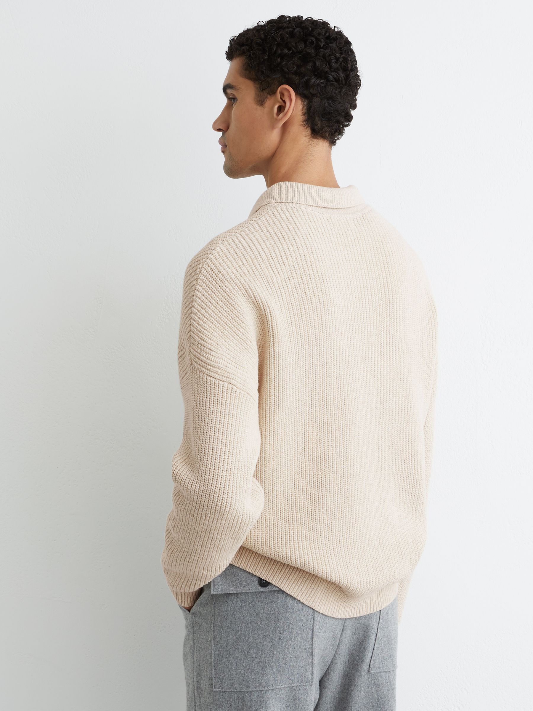 Cotton-Blend Rib Half-Zip Polo Jumper in Oatmeal Melange - Image 6 of 7