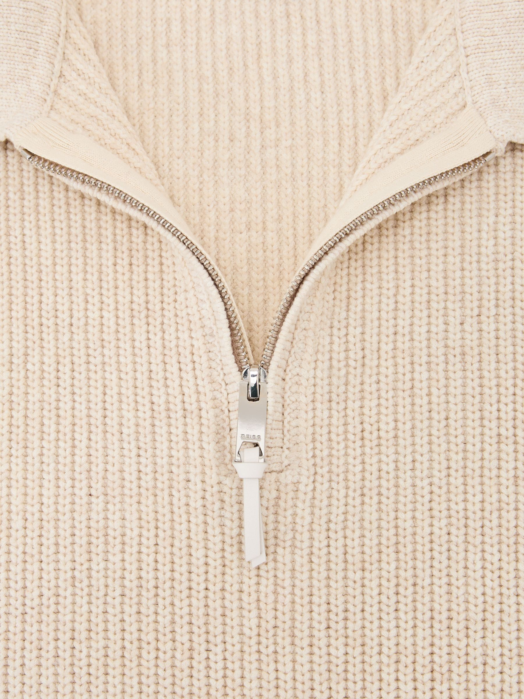 Cotton-Blend Rib Half-Zip Polo Jumper in Oatmeal Melange - image 4