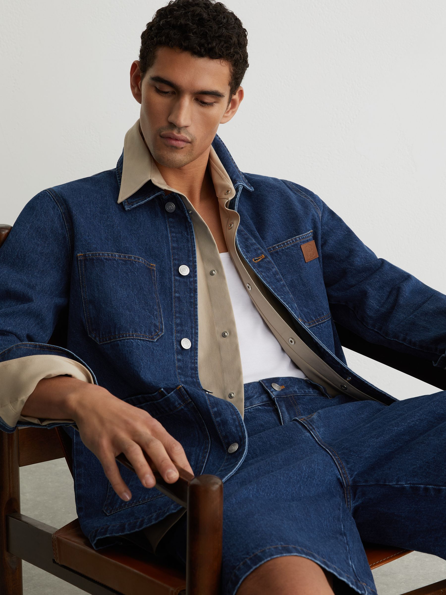 Monogram-Patch Relaxed Denim Overshirt in Mid Blue - Image 1 of 8