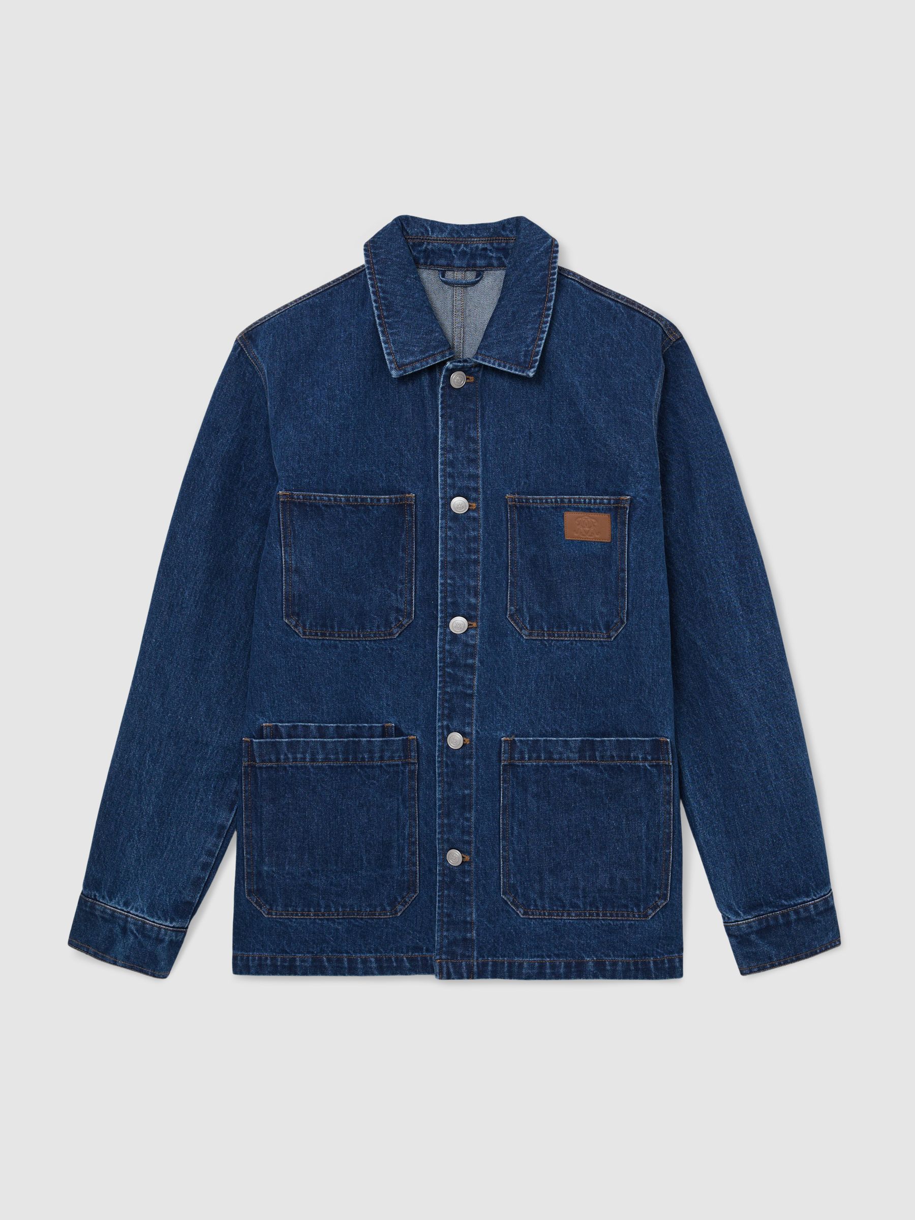 Monogram-Patch Relaxed Denim Overshirt in Mid Blue