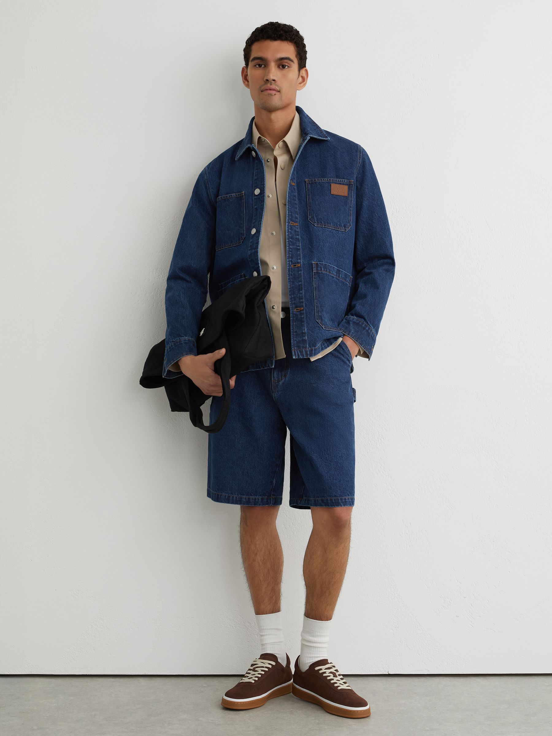Monogram-Patch Relaxed Denim Overshirt in Mid Blue - Image 3 of 8