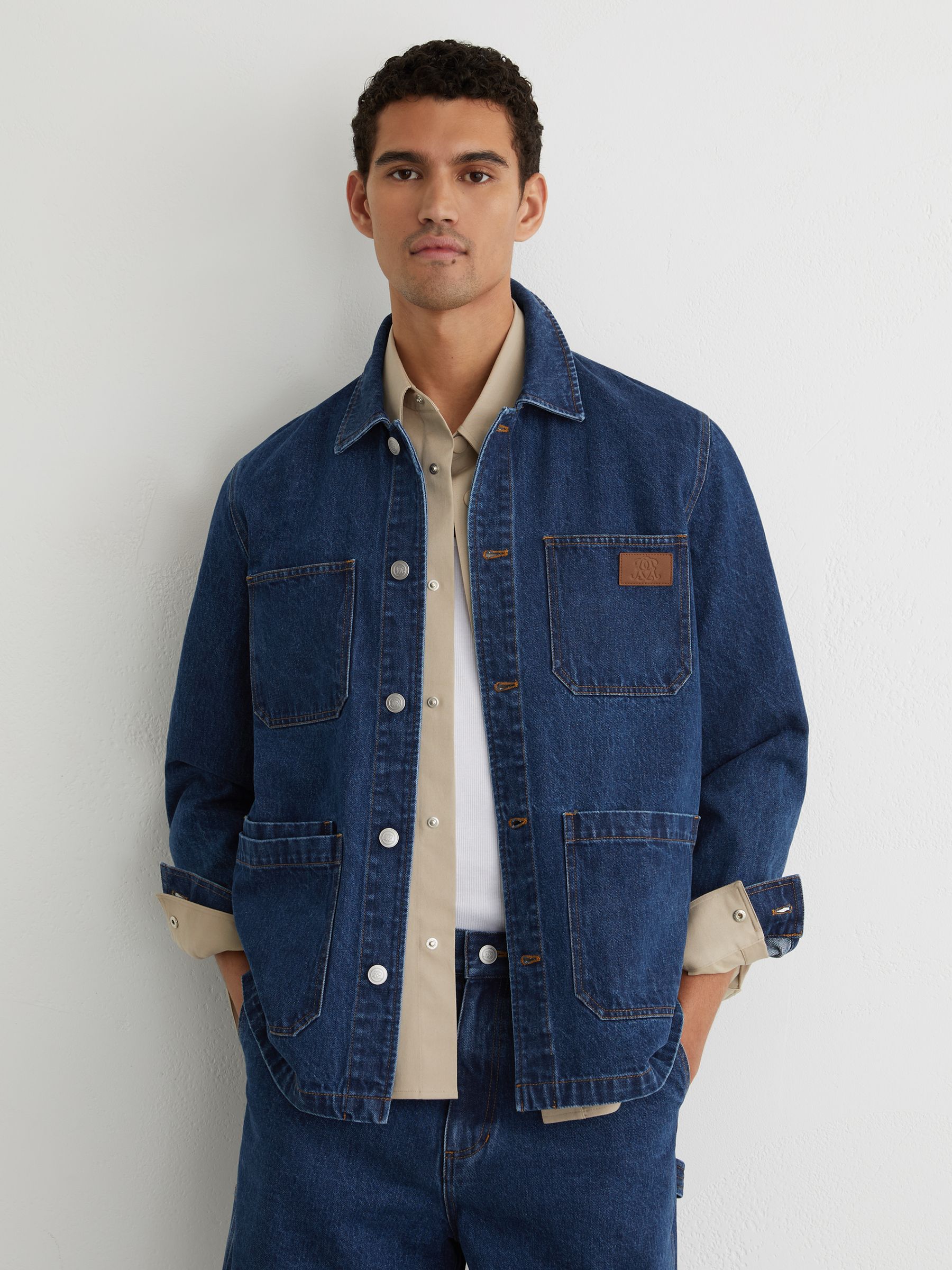 Monogram-Patch Relaxed Denim Overshirt in Mid Blue - Image 4 of 8
