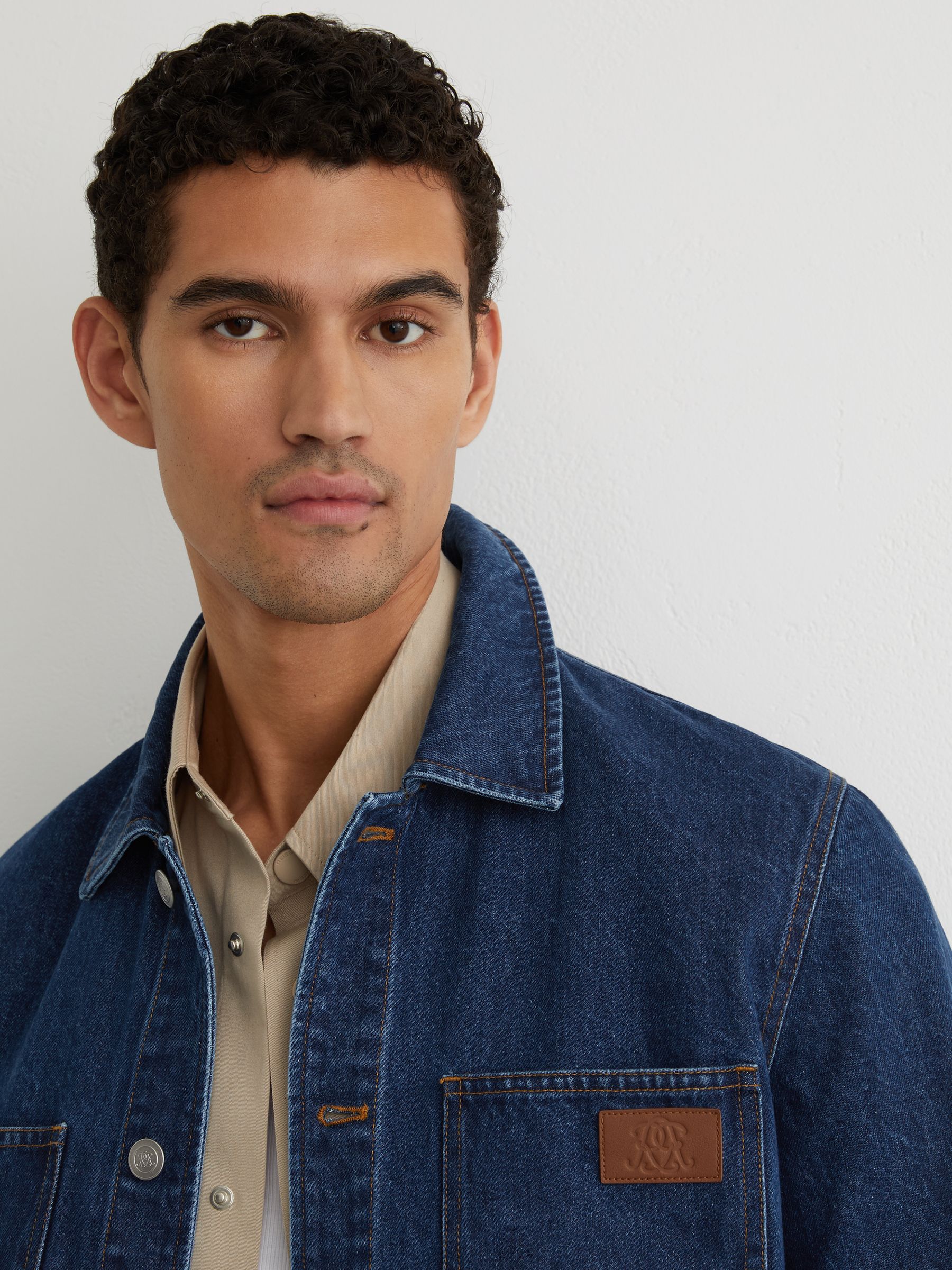 Monogram-Patch Relaxed Denim Overshirt in Mid Blue - Image 5 of 8