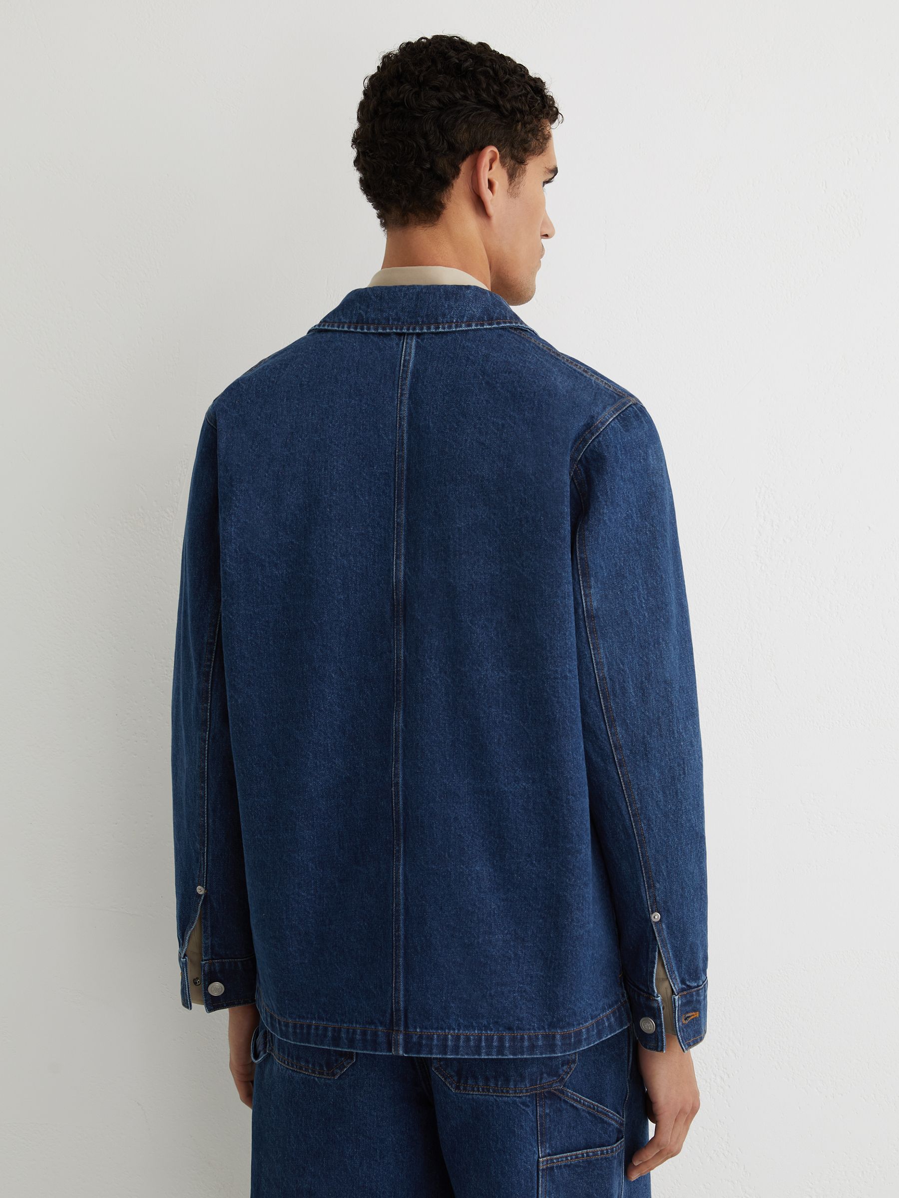 Monogram-Patch Relaxed Denim Overshirt in Mid Blue - Image 7 of 8
