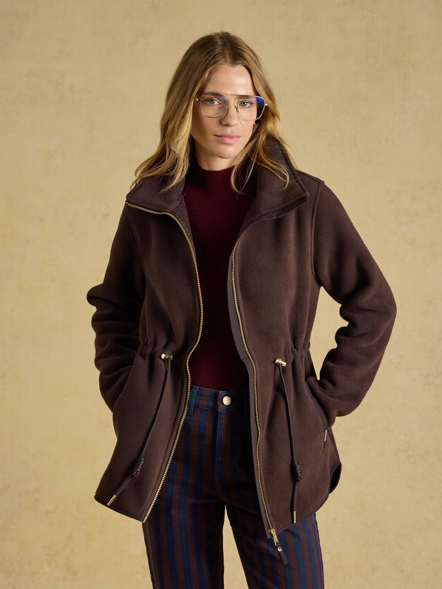 Longline Chocolate Brown Funnel Neck Full Zip Fleece Jacket - Image 6 of 8