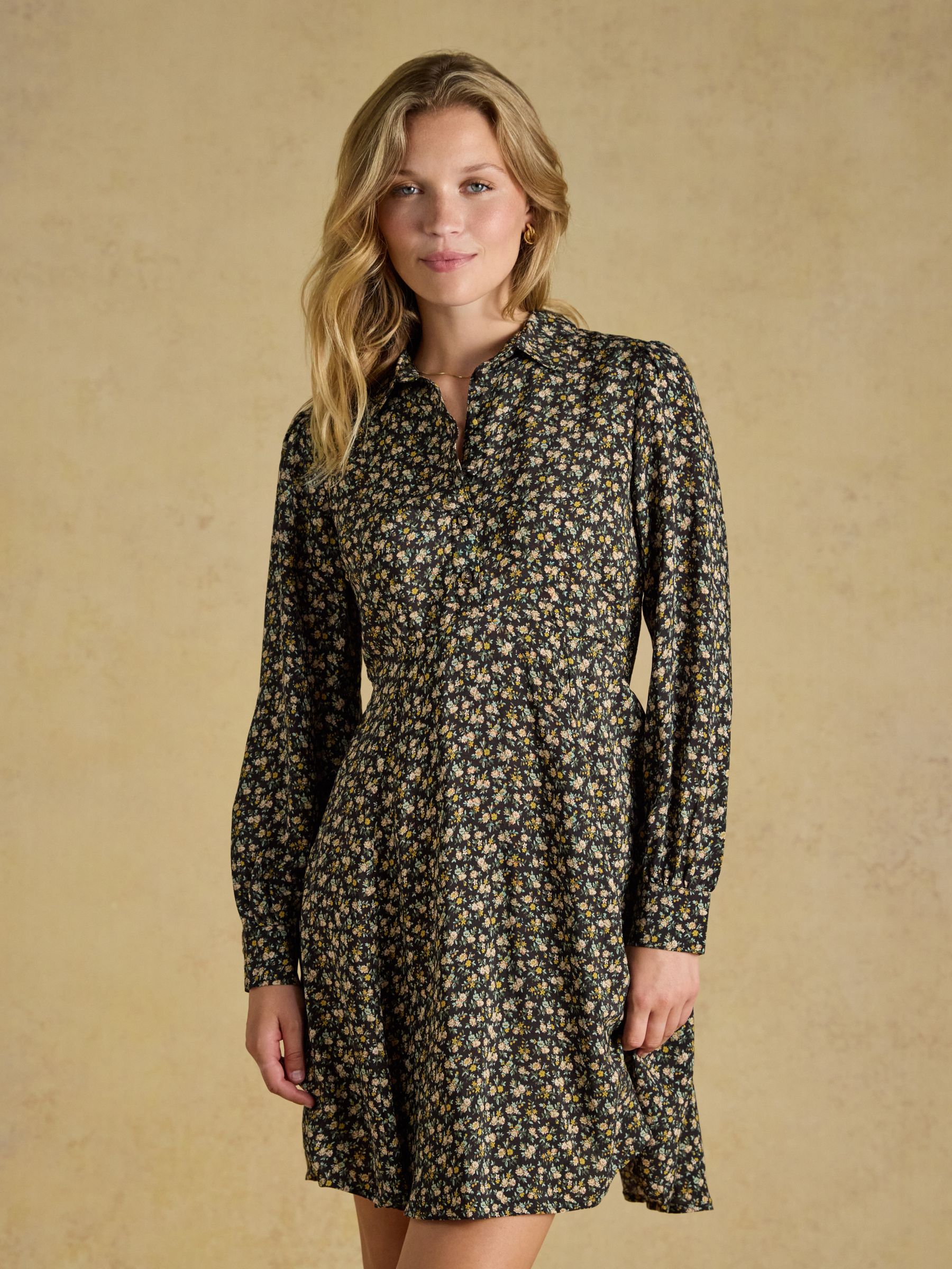 Sienna Navy Ditsy Short Smocked Shirt Dress - Image 1 of 7