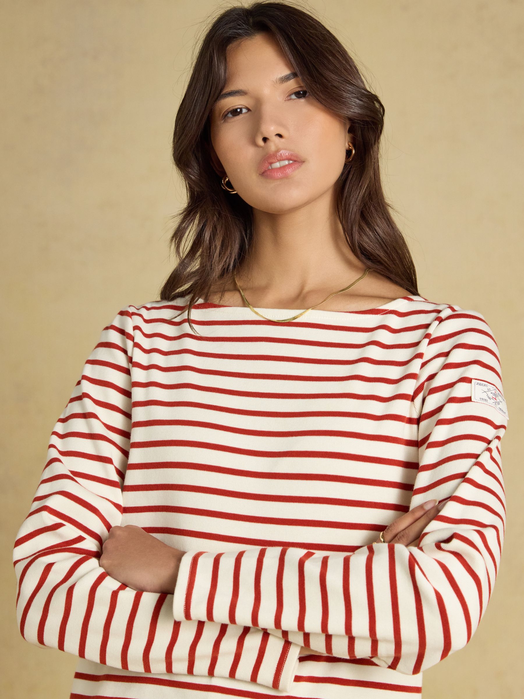 Harbour Cream & Burnt Orange Long Sleeve Striped Boat Neck Breton Top - Image 4 of 6