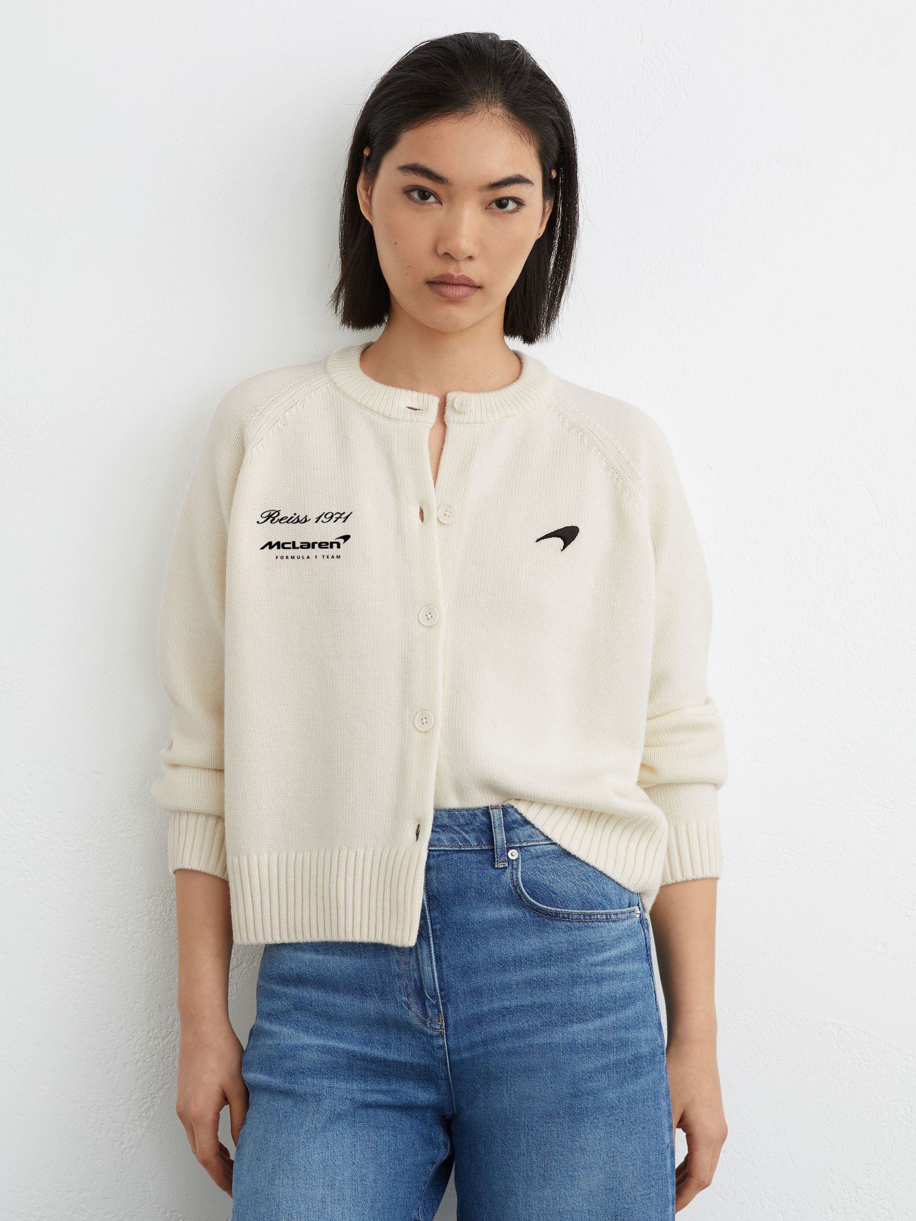 McLaren White Racing Merino Wool Cropped Cardigan in White - Image 1 of 8 McLaren White Racing Merino Wool Cropped Cardigan in White - Image 1 of 8