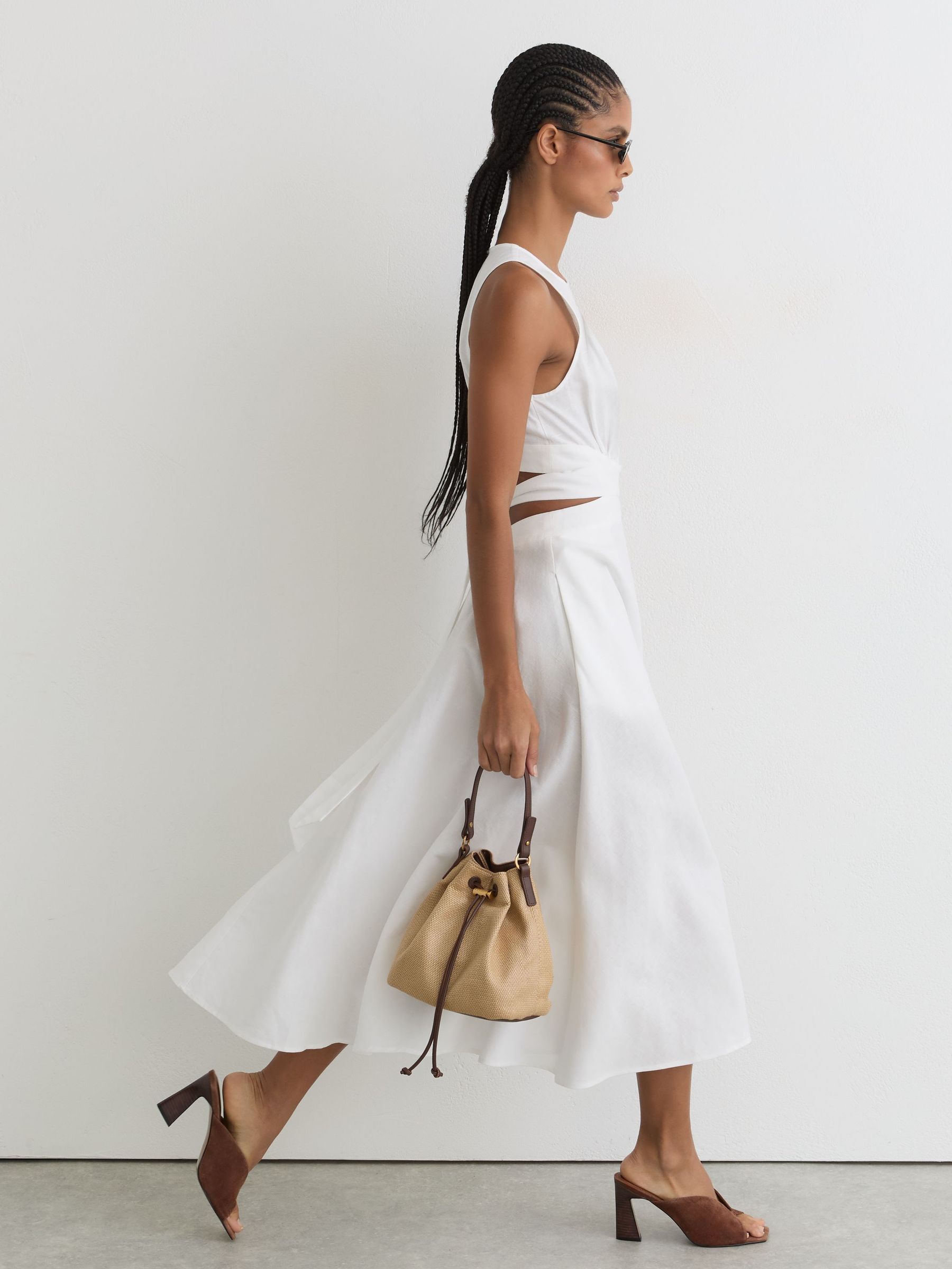 Petite Linen-Cotton Cut-Out Midi Dress in Ivory - Image 1 of 7