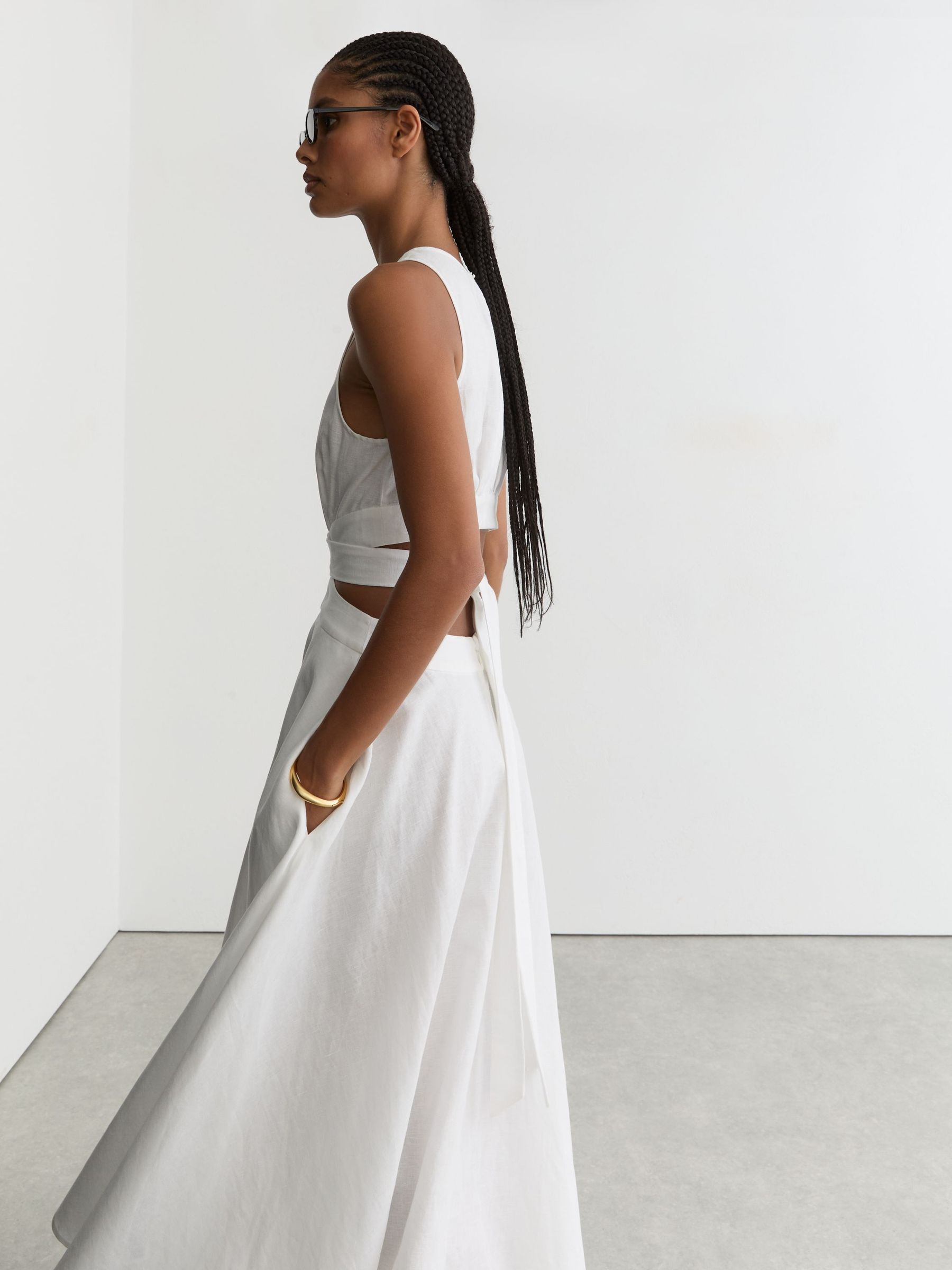 Petite Linen-Cotton Cut-Out Midi Dress in Ivory - Image 4 of 7