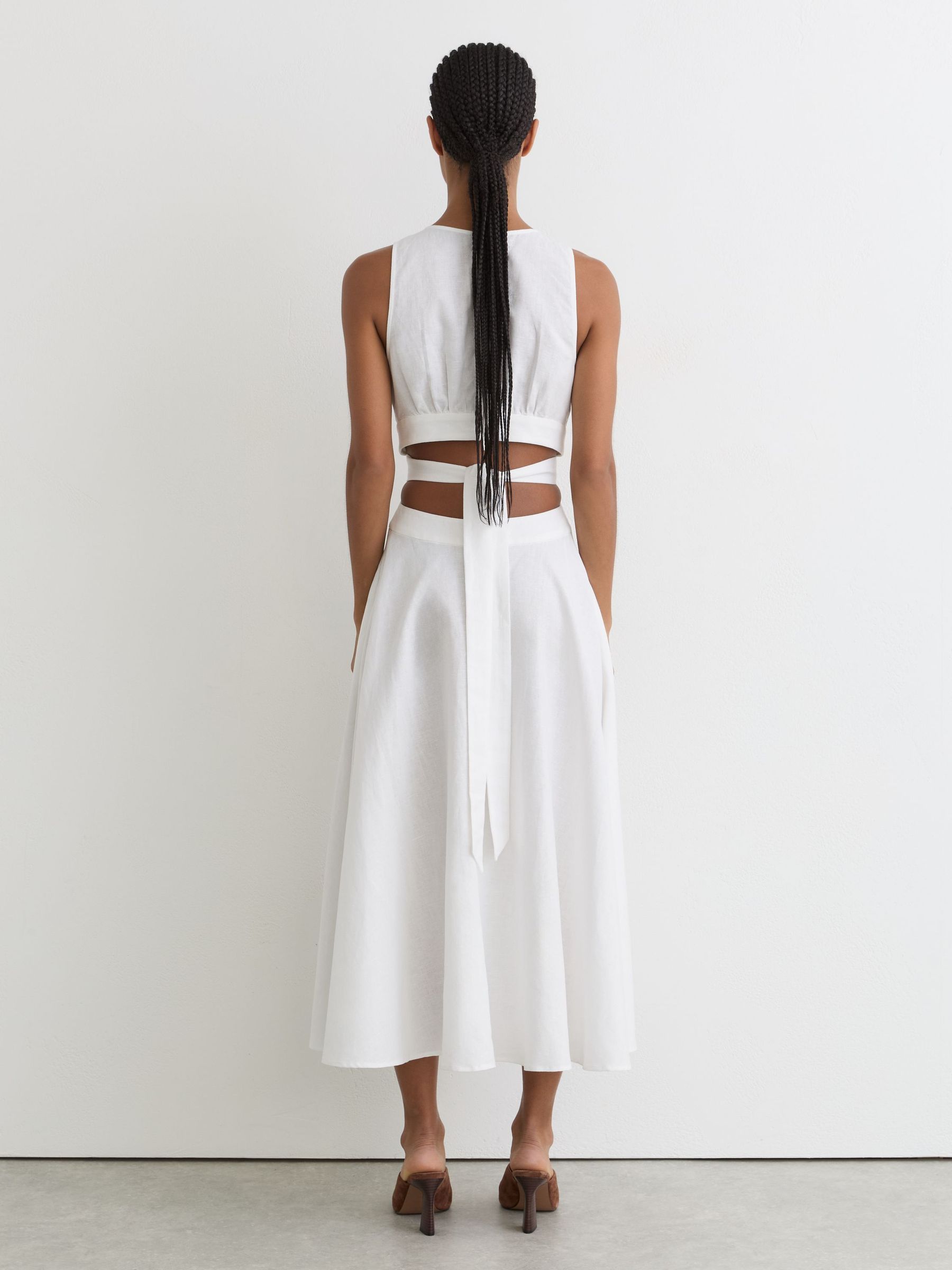 Petite Linen-Cotton Cut-Out Midi Dress in Ivory - Image 5 of 7