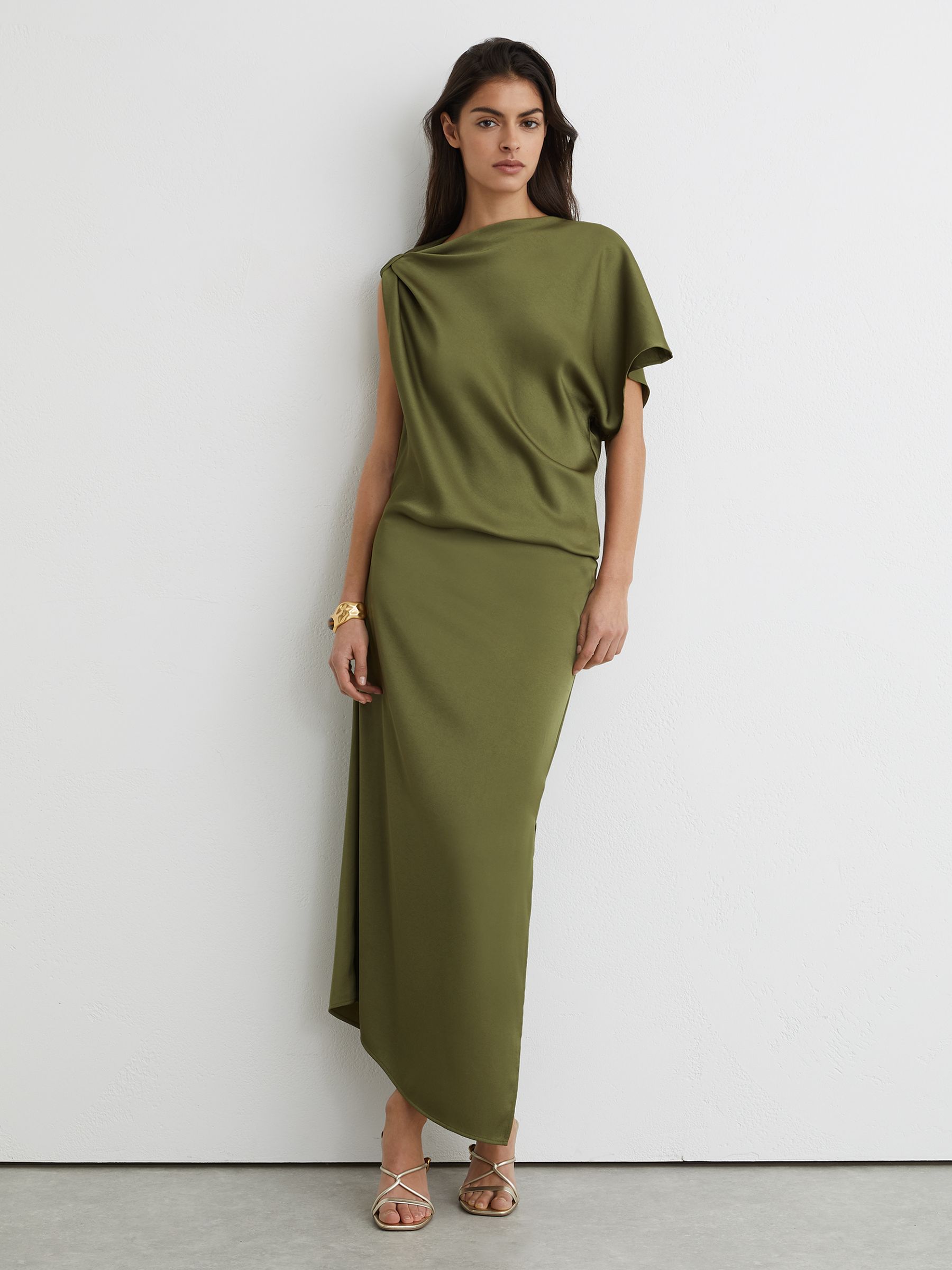 Satin Asymmetric Draped Midi Dress in Olive Green - image 2