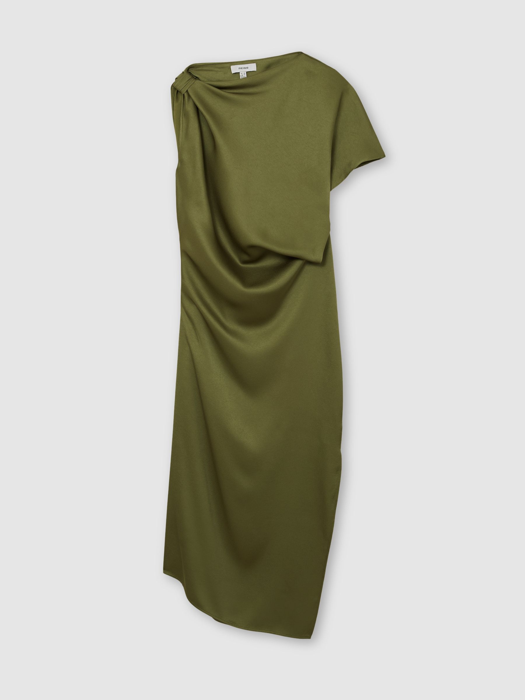 Satin Asymmetric Draped Midi Dress in Olive Green