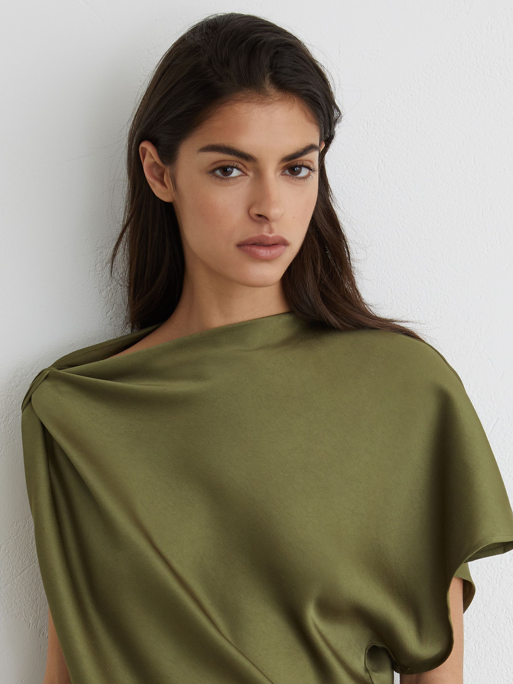Reiss Satin Asymmetric Draped Midi Dress in Olive Green | REISS Reiss Satin Asymmetric Draped Midi Dress in Olive Green | REISS