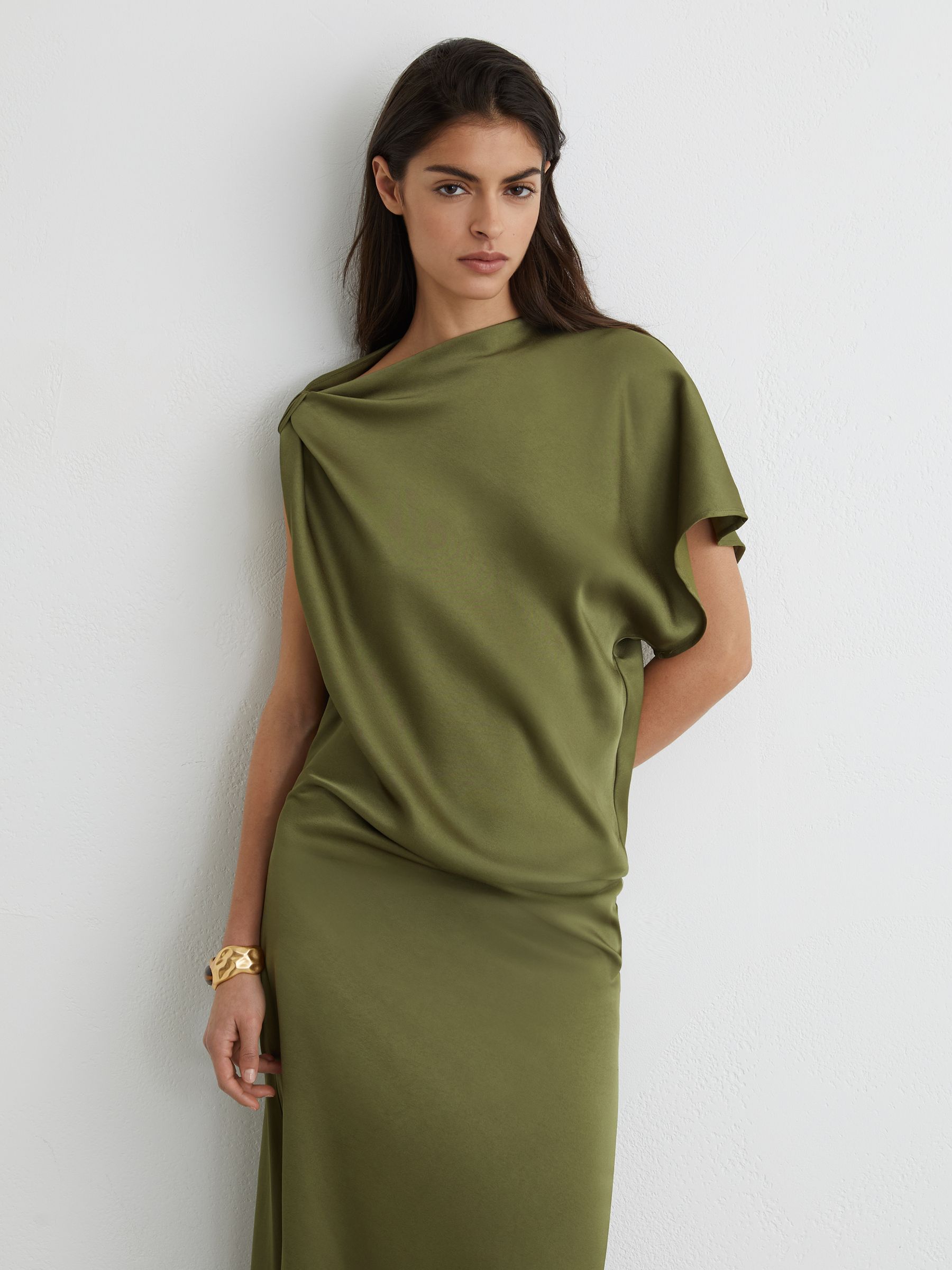 Satin Asymmetric Draped Midi Dress in Olive Green - image 4