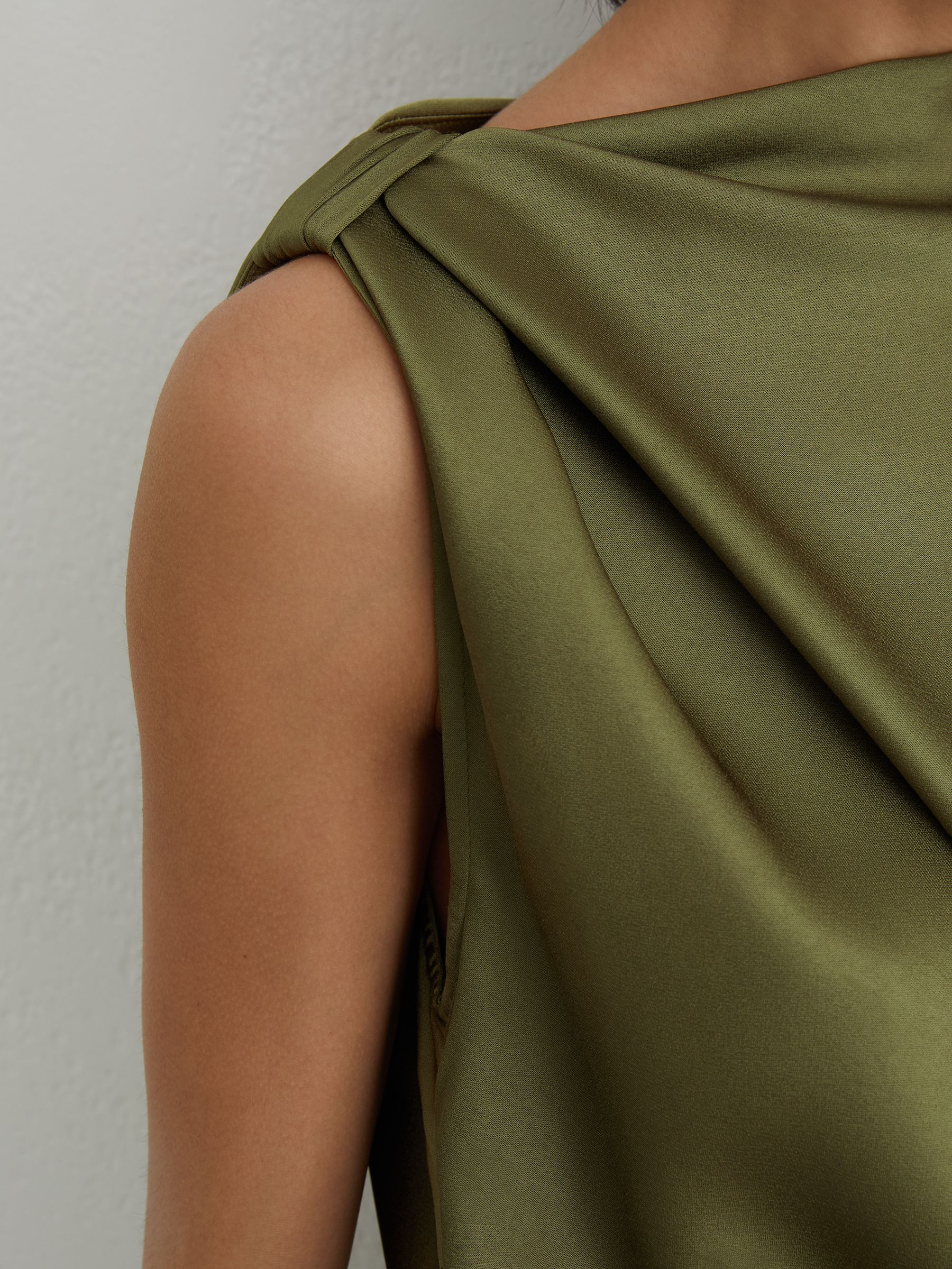 Satin Asymmetric Draped Midi Dress in Olive Green - Image 5 of 6