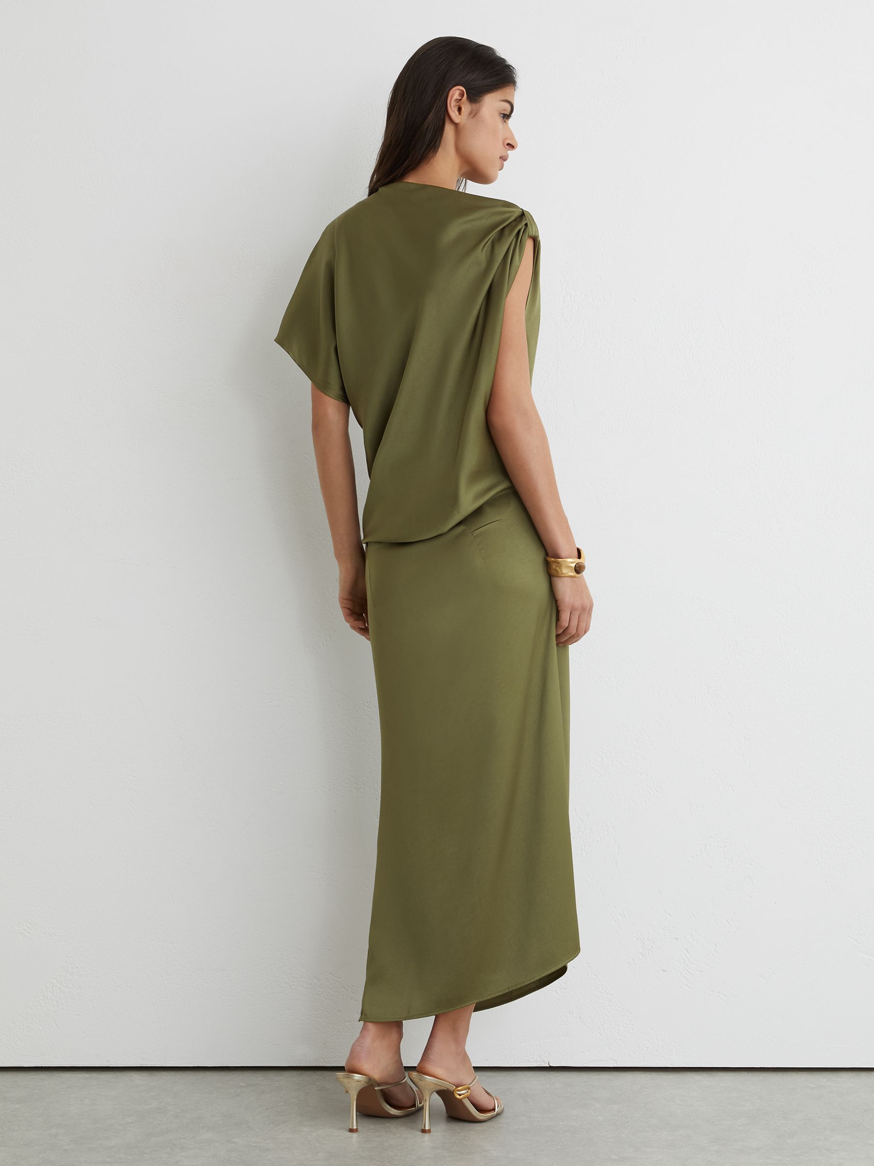Satin Asymmetric Draped Midi Dress in Olive Green - Image 6 of 6