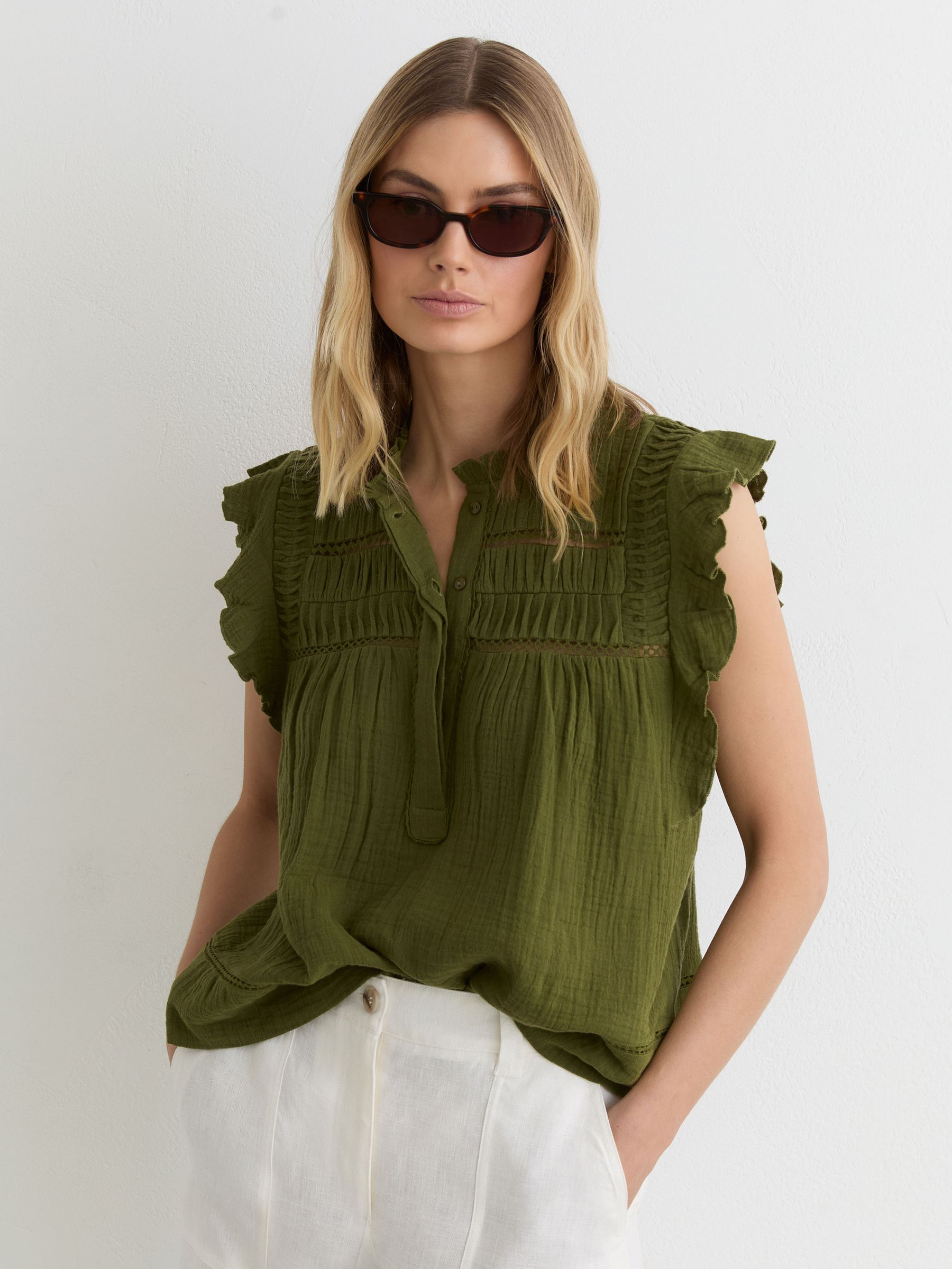 Cotton Cheesecloth Sleeveless Top in Olive Green - Image 1 of 6