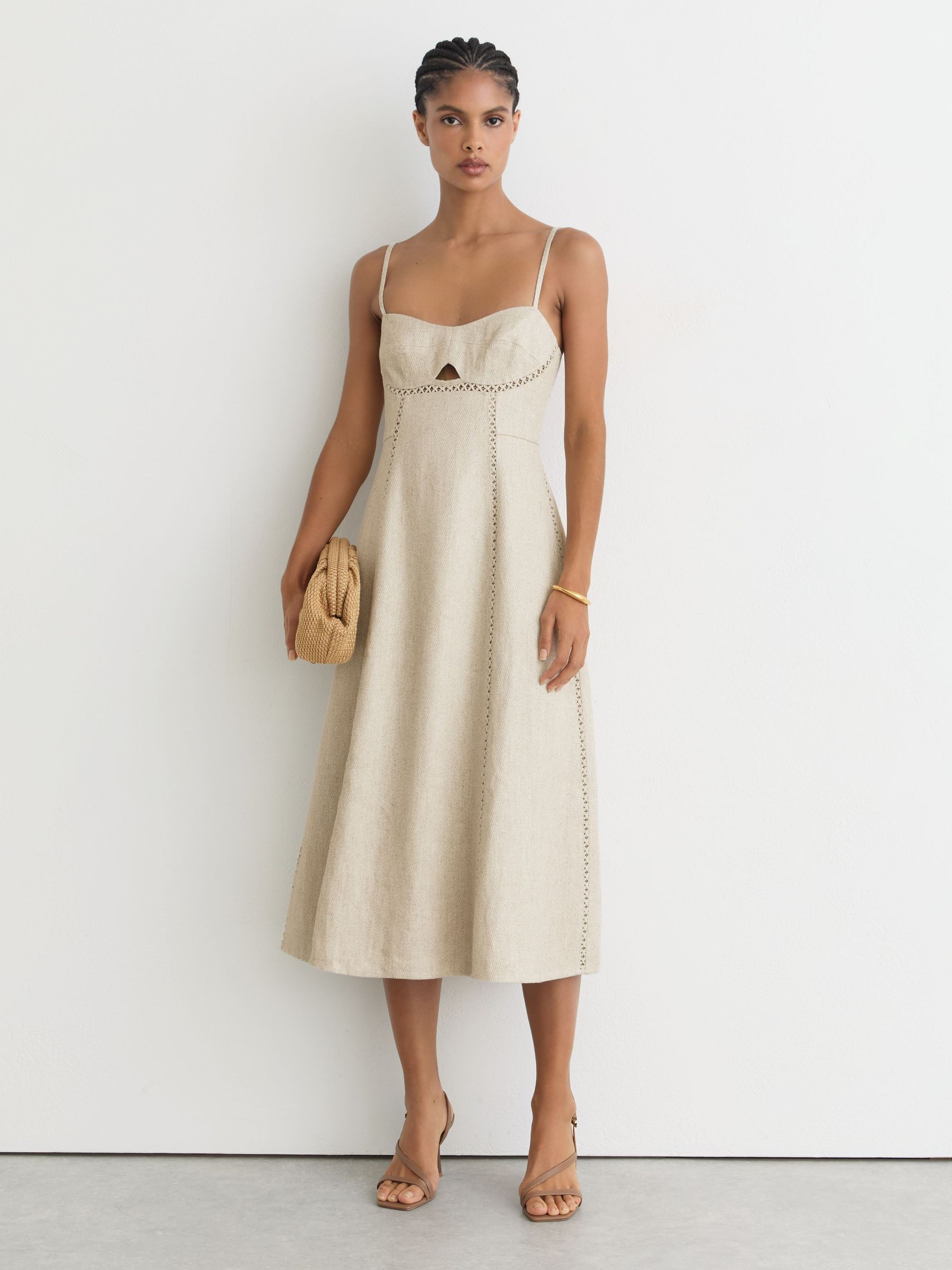 Linen-Blend Fit-and-Flare Midi Dress in Neutral - Image 1 of 6