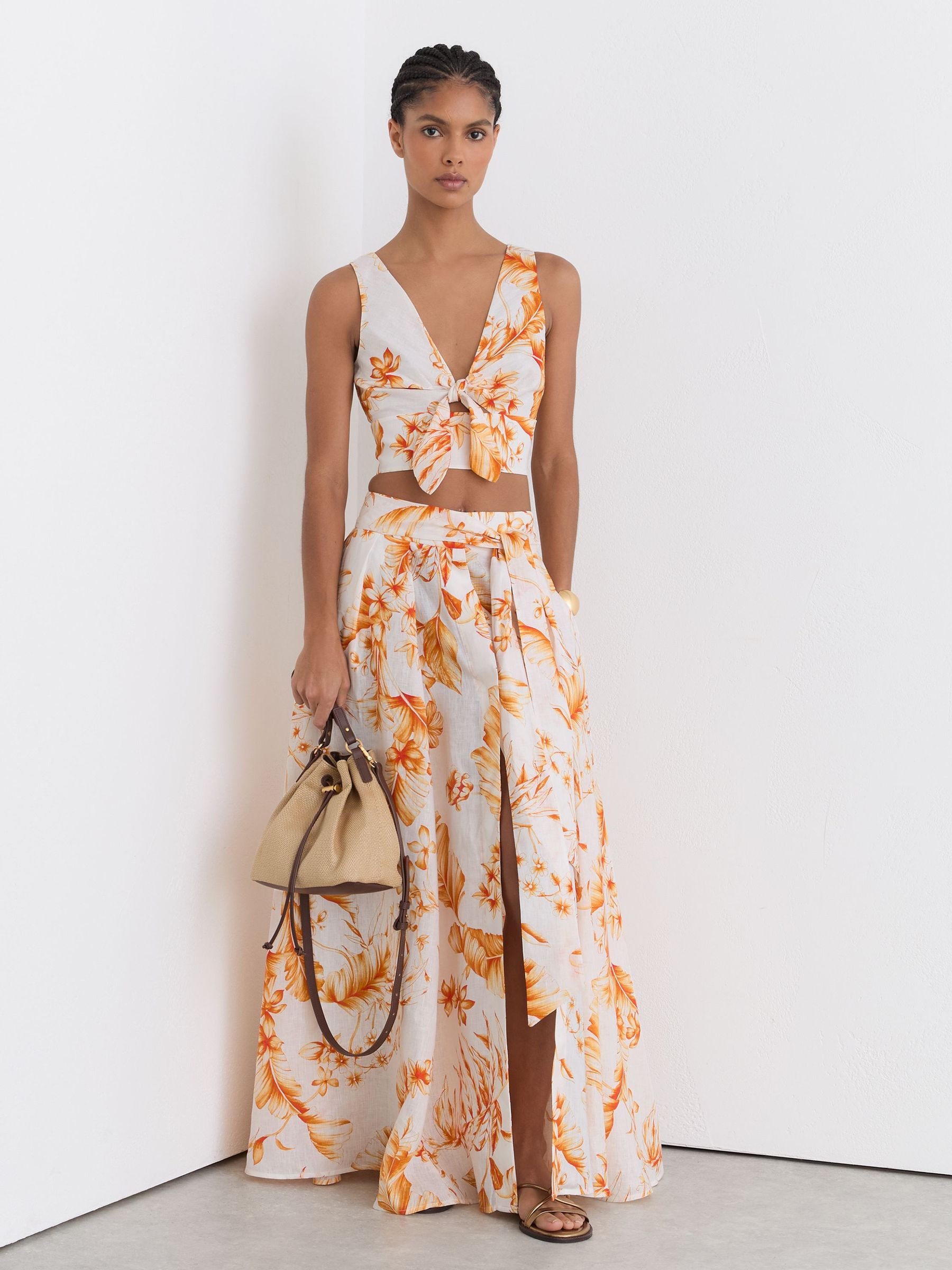 Linen Floral-Print Maxi Skirt in Ivory/Orange - image 2