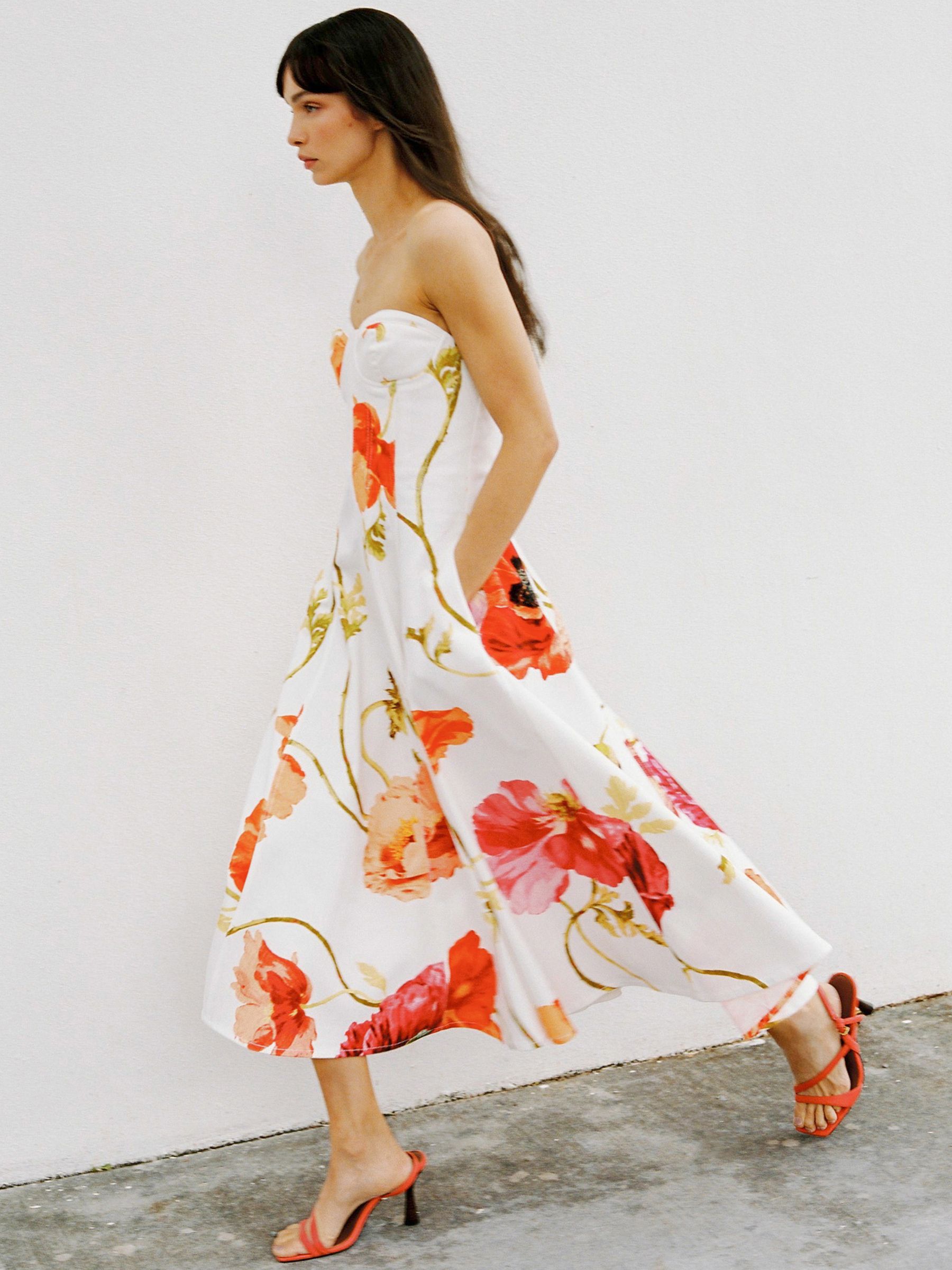Cotton Floral Bustier Midi Dress with Stretch in Cream/Red - image 2