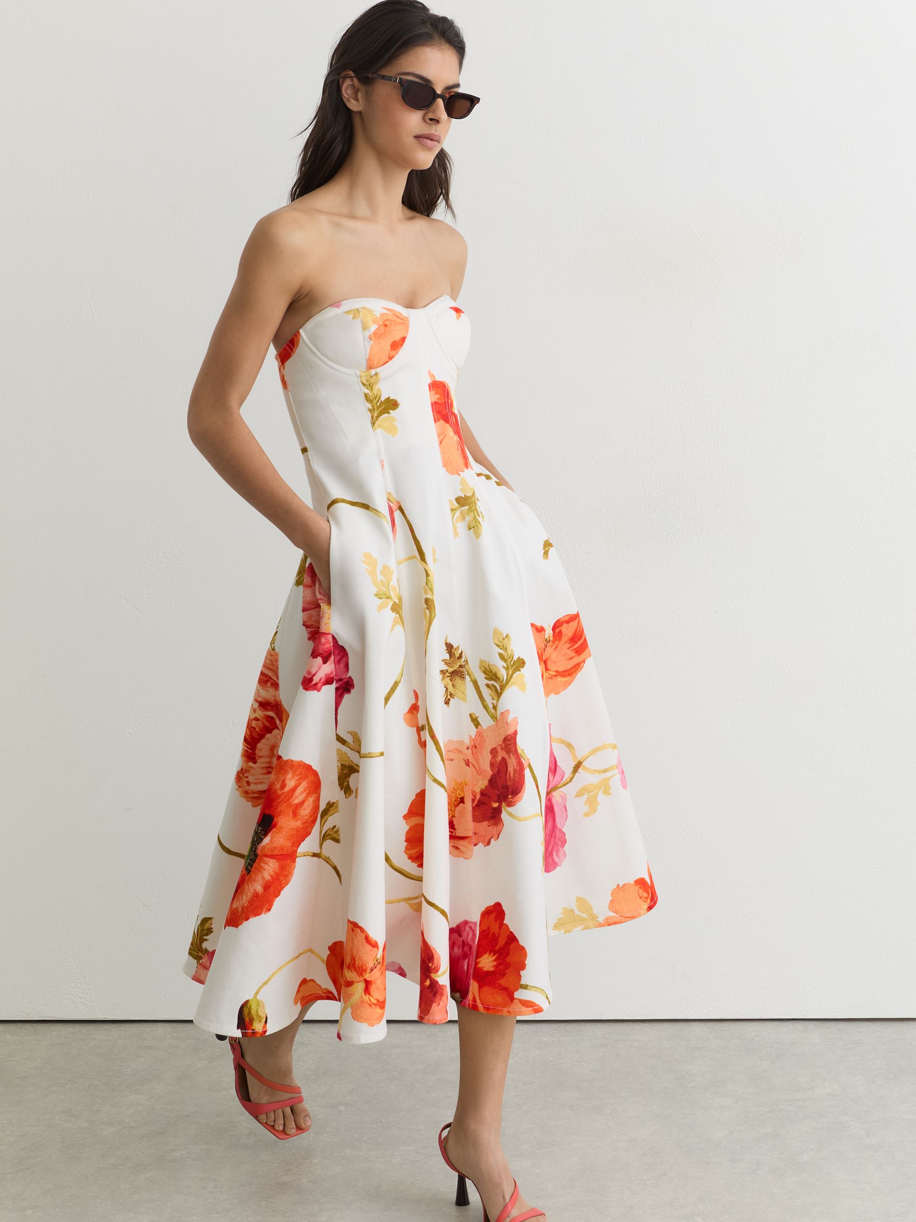 Cotton Floral Bustier Midi Dress with Stretch in Cream/Red - Image 1 of 6