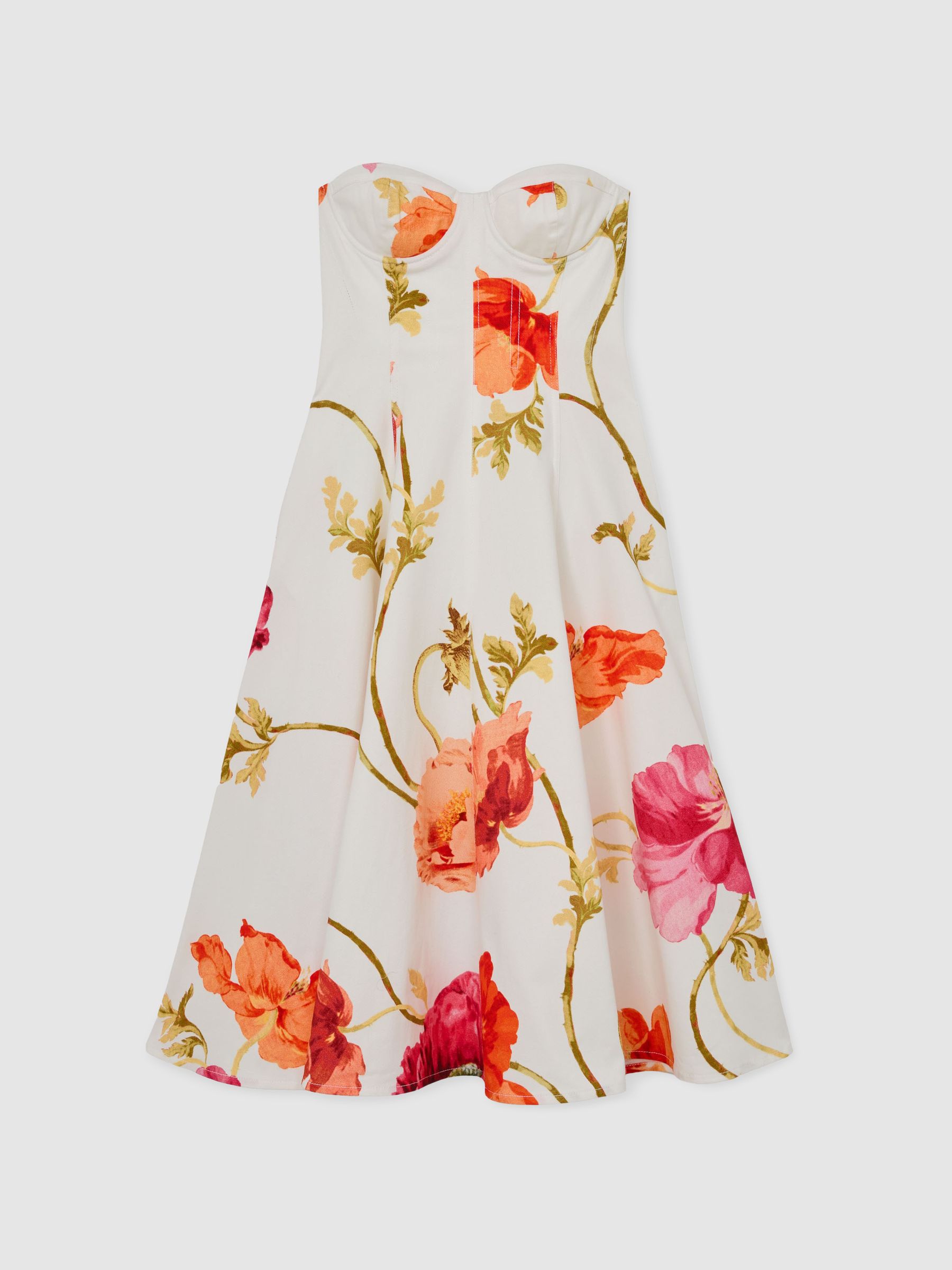 Cotton Floral Bustier Midi Dress with Stretch in Cream/Red - Image 2 of 6