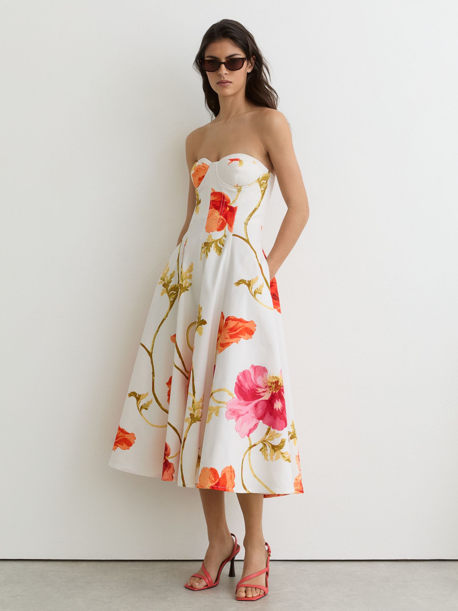 Cotton Floral Bustier Midi Dress with Stretch in Cream/Red - image 5