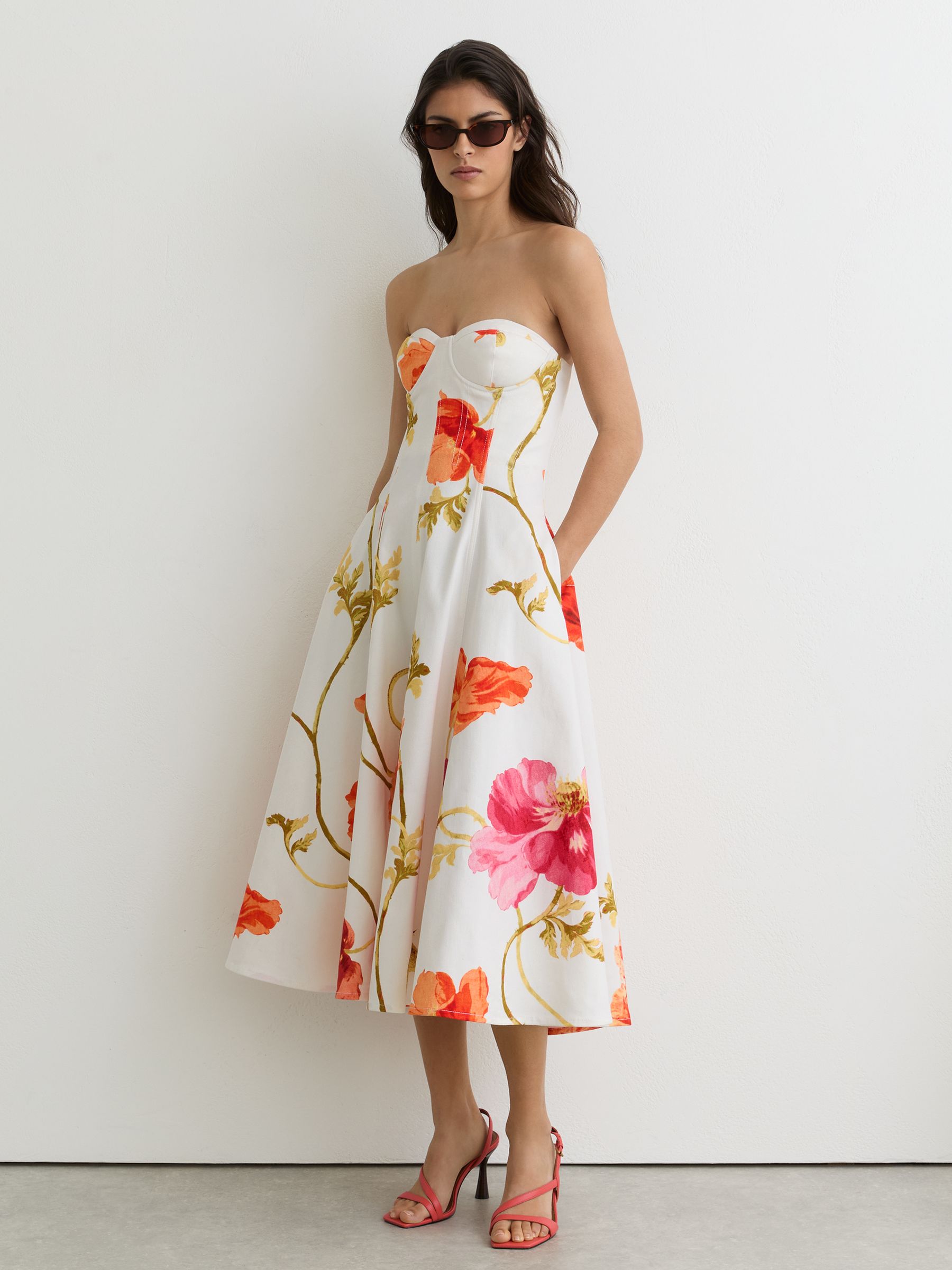 Cotton Floral Bustier Midi Dress with Stretch in Cream/Red - Image 3 of 6