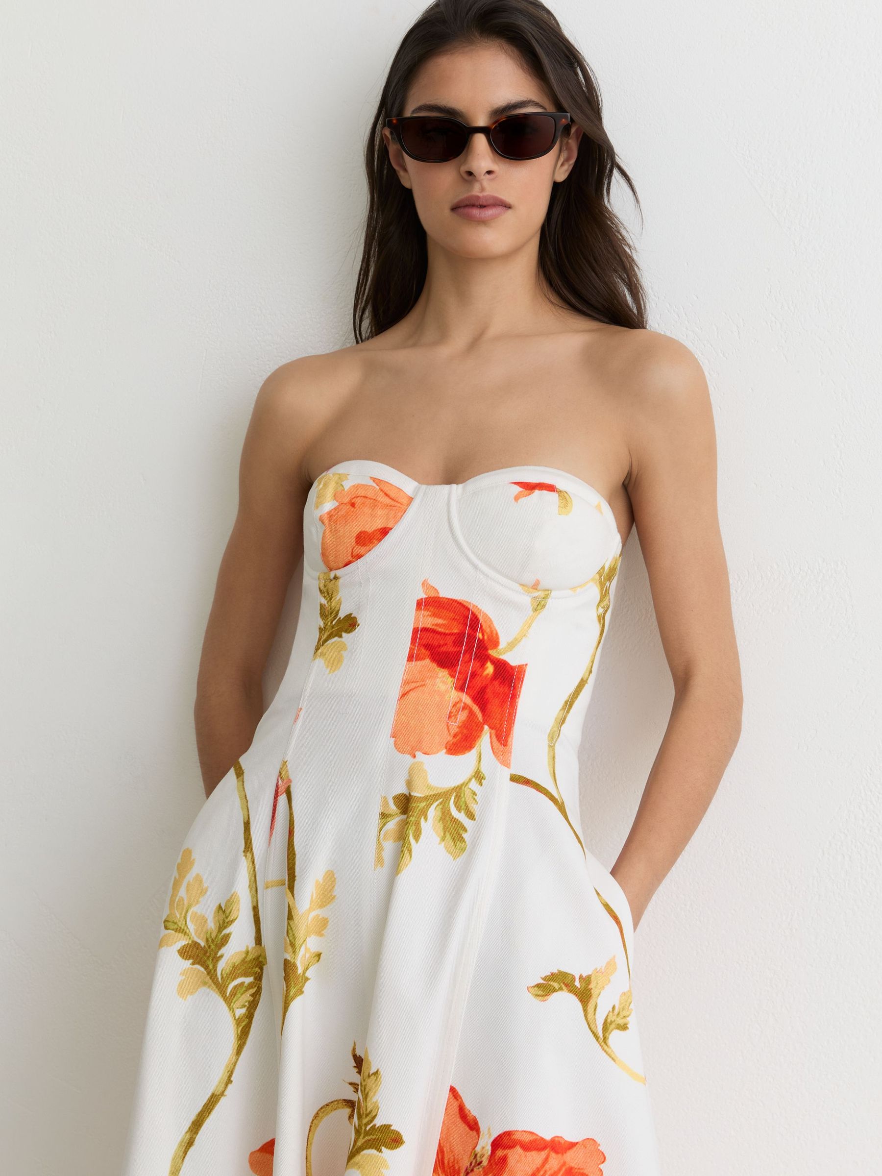 reiss amber floral midi dress Reiss | NYBG Linen Floral Midi Dress in Neutral