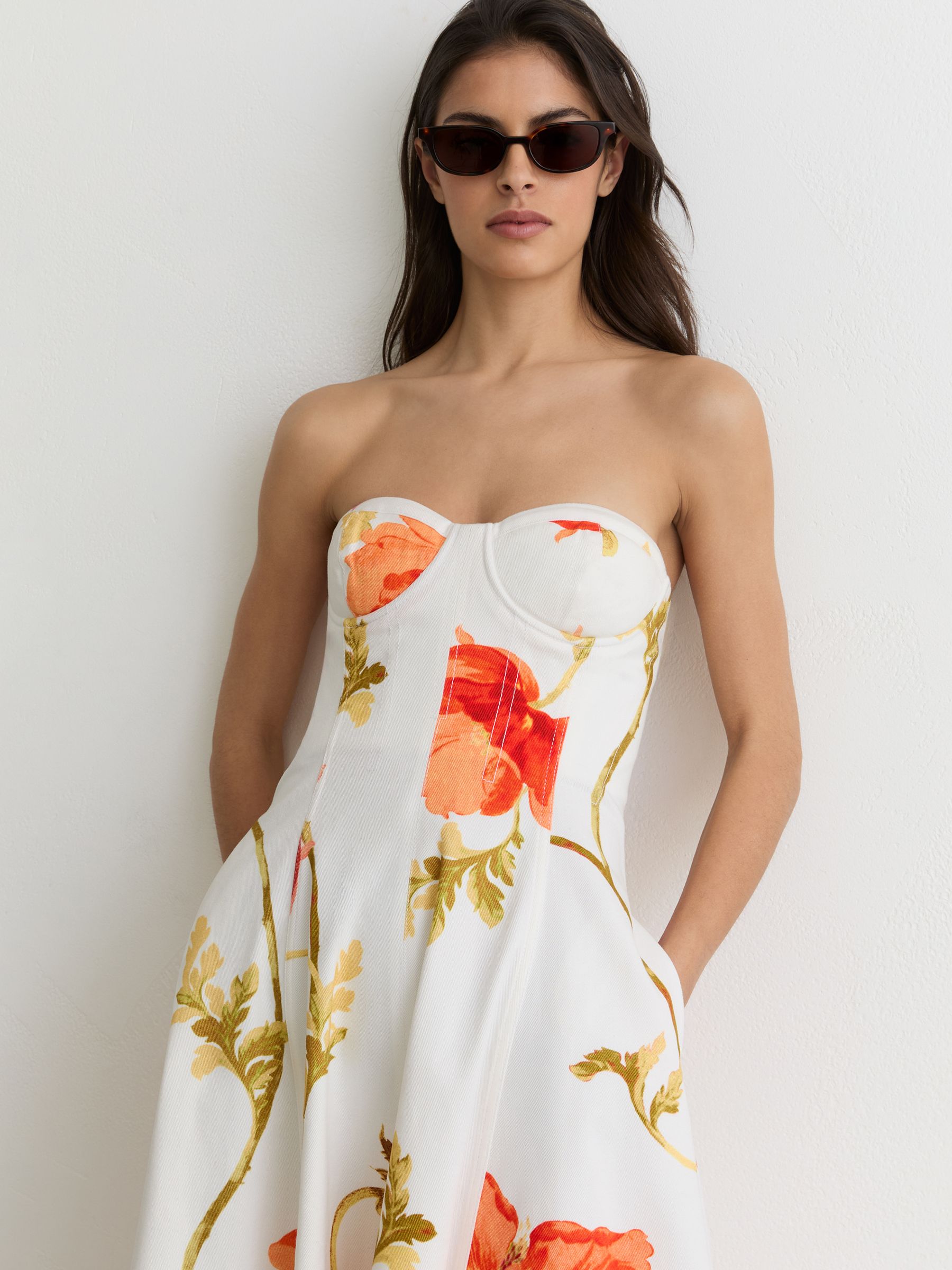 Cotton Floral Bustier Midi Dress with Stretch in Cream/Red - Image 4 of 6