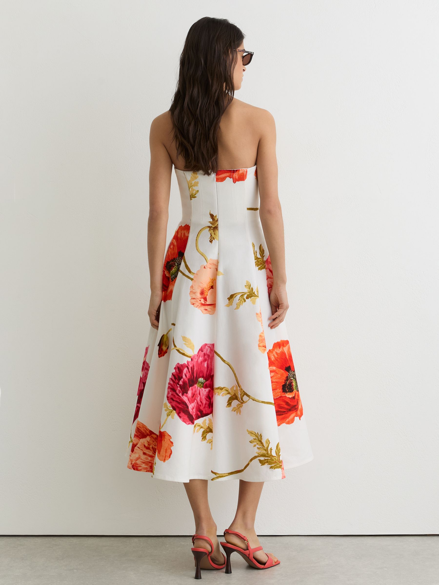 Cotton Floral Bustier Midi Dress with Stretch in Cream/Red - Image 5 of 6