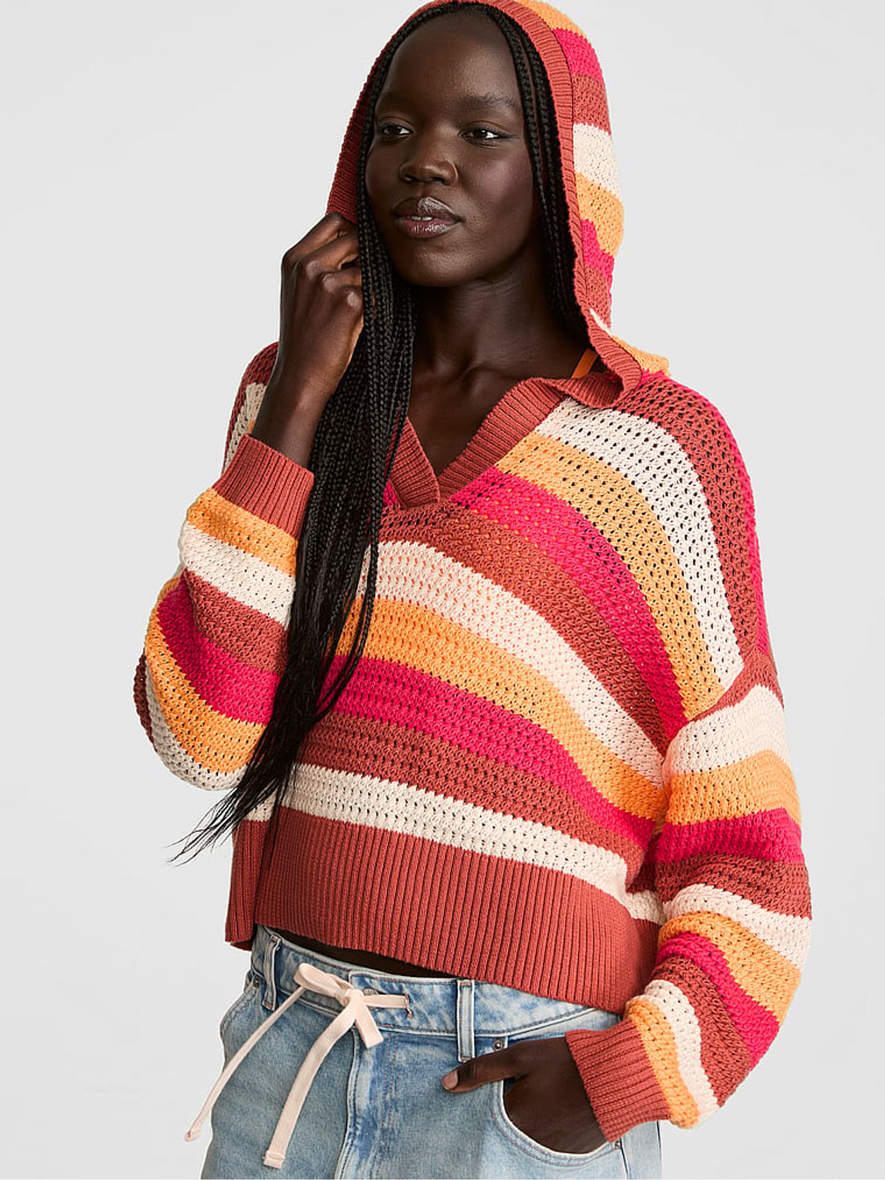 Orange/Pink Stripes Crochet Hoodie - Image 1 of 2