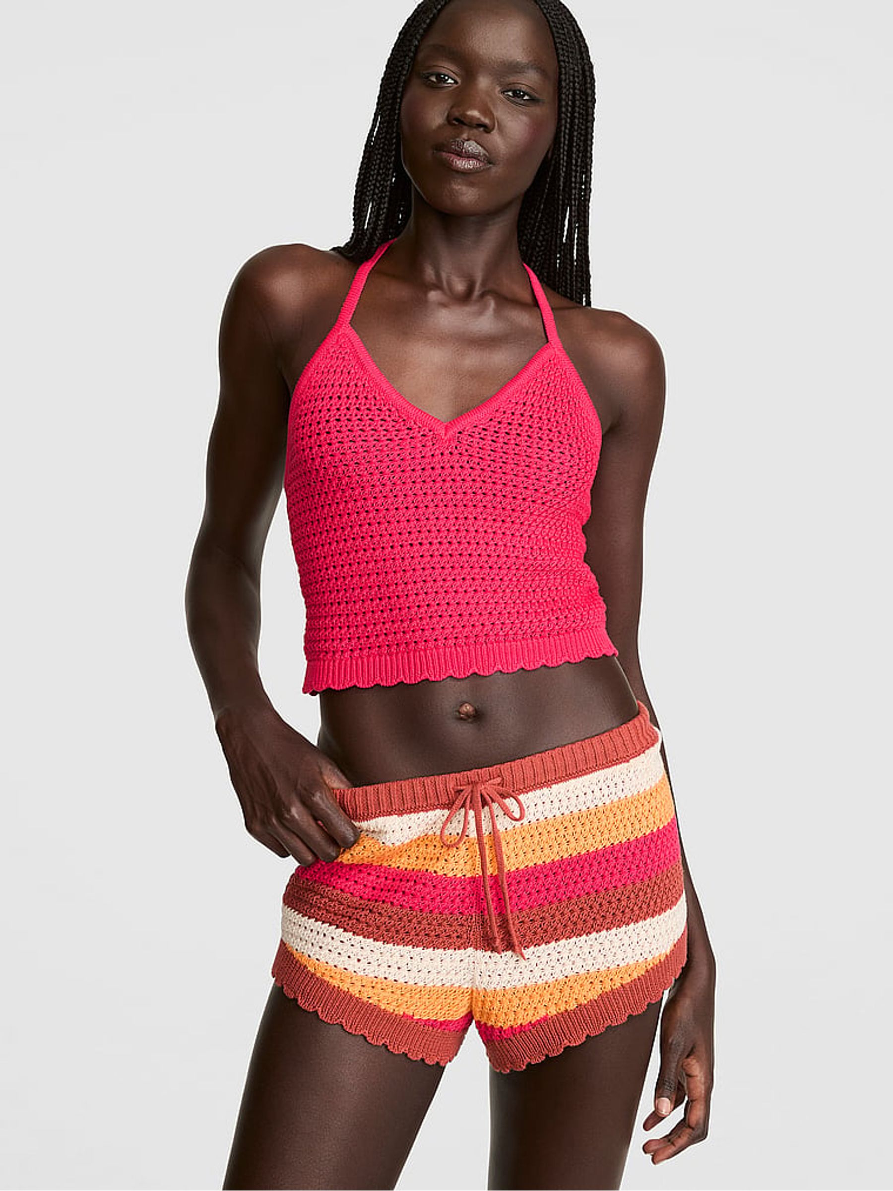 Orange/Pink Stripes Crochet Shorts - Image 1 of 2