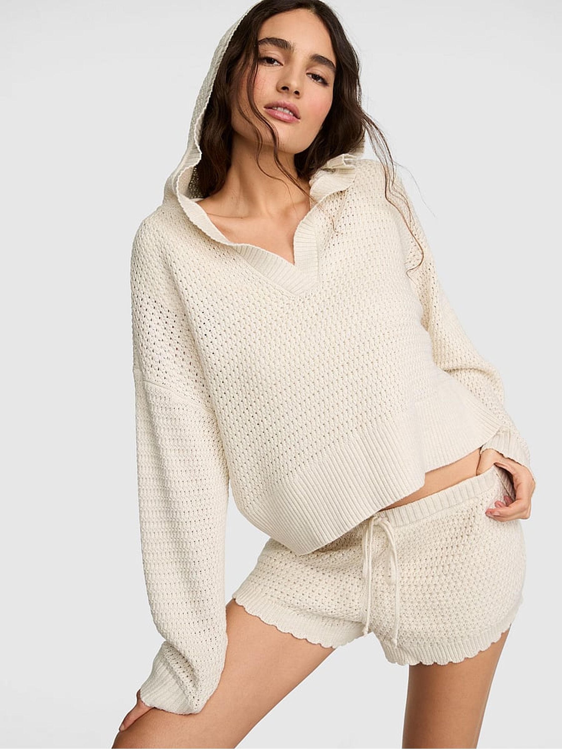 Natural Heather White Crochet Hoodie - Image 1 of 2