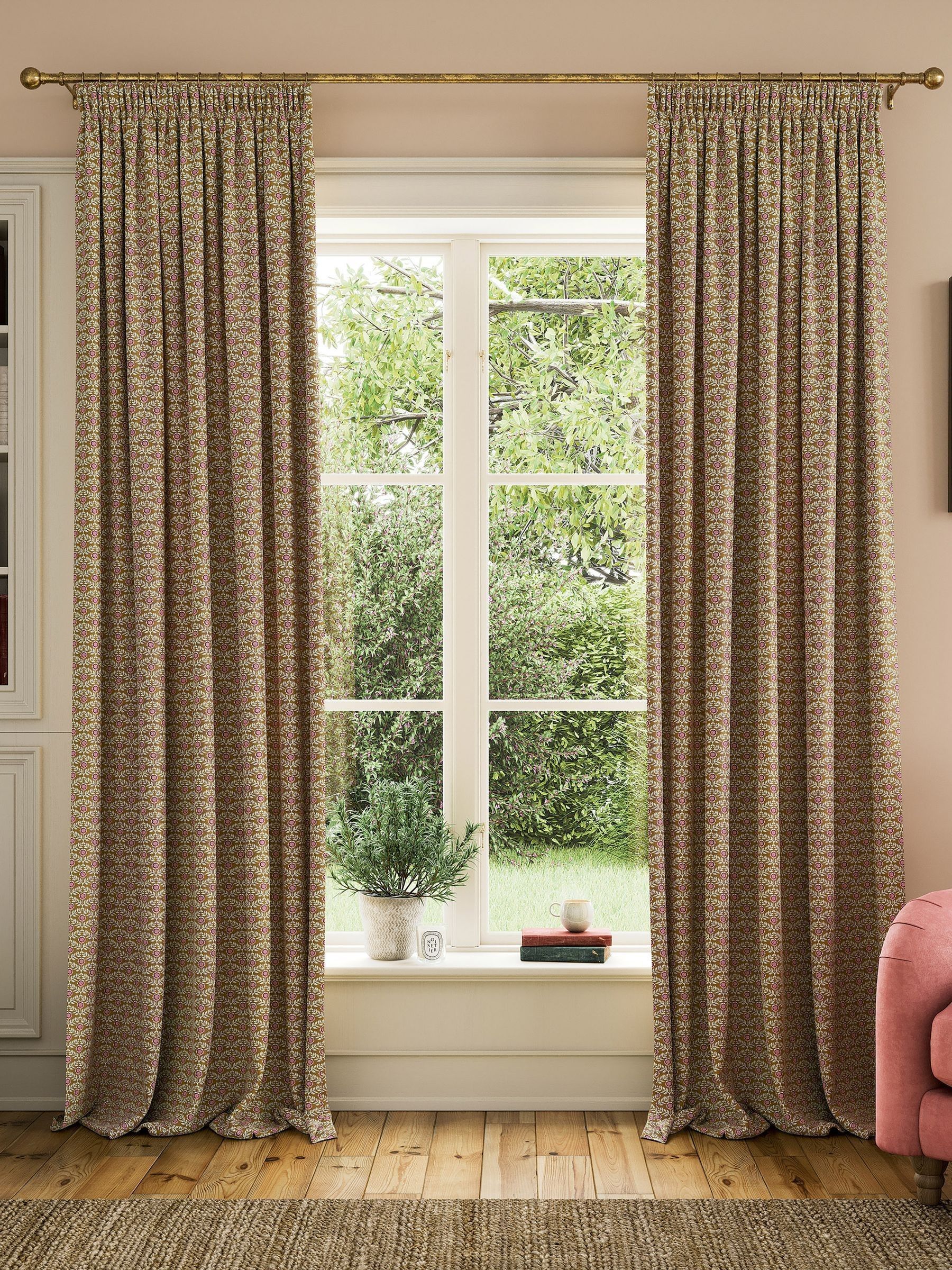 Ochre Floral Foulard Lined Pencil Pleat Curtains - Image 1 of 3