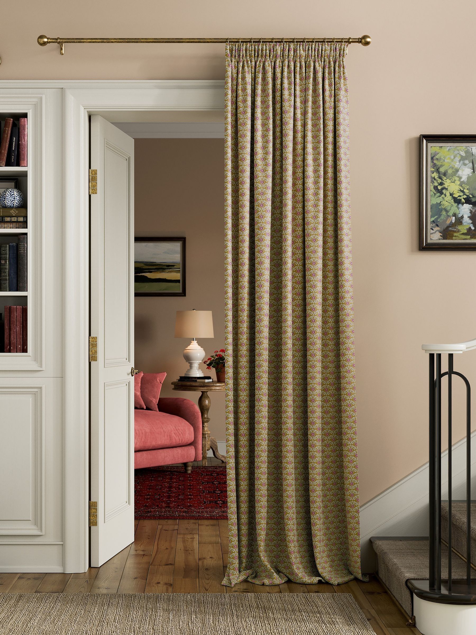 Ochre Floral Foulard Lined Pencil Pleat Curtains - Image 2 of 3