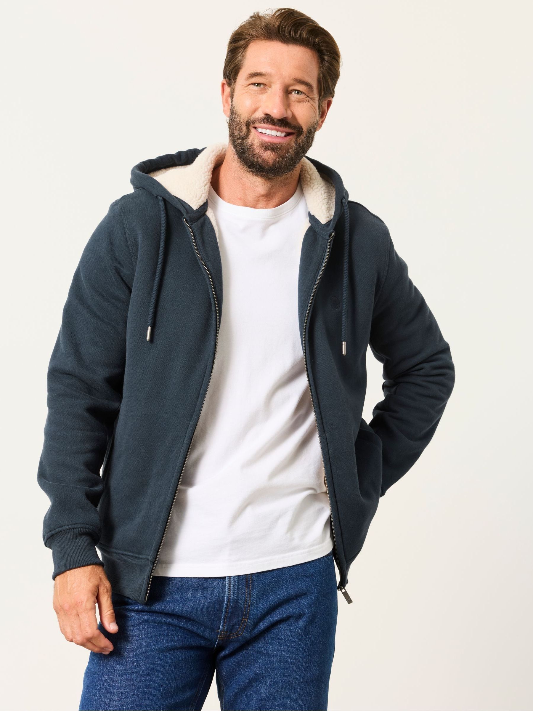 Hayle Navy Borg Lined Hoodie - Image 1 of 6 Hayle Navy Borg Lined Hoodie - Image 1 of 6