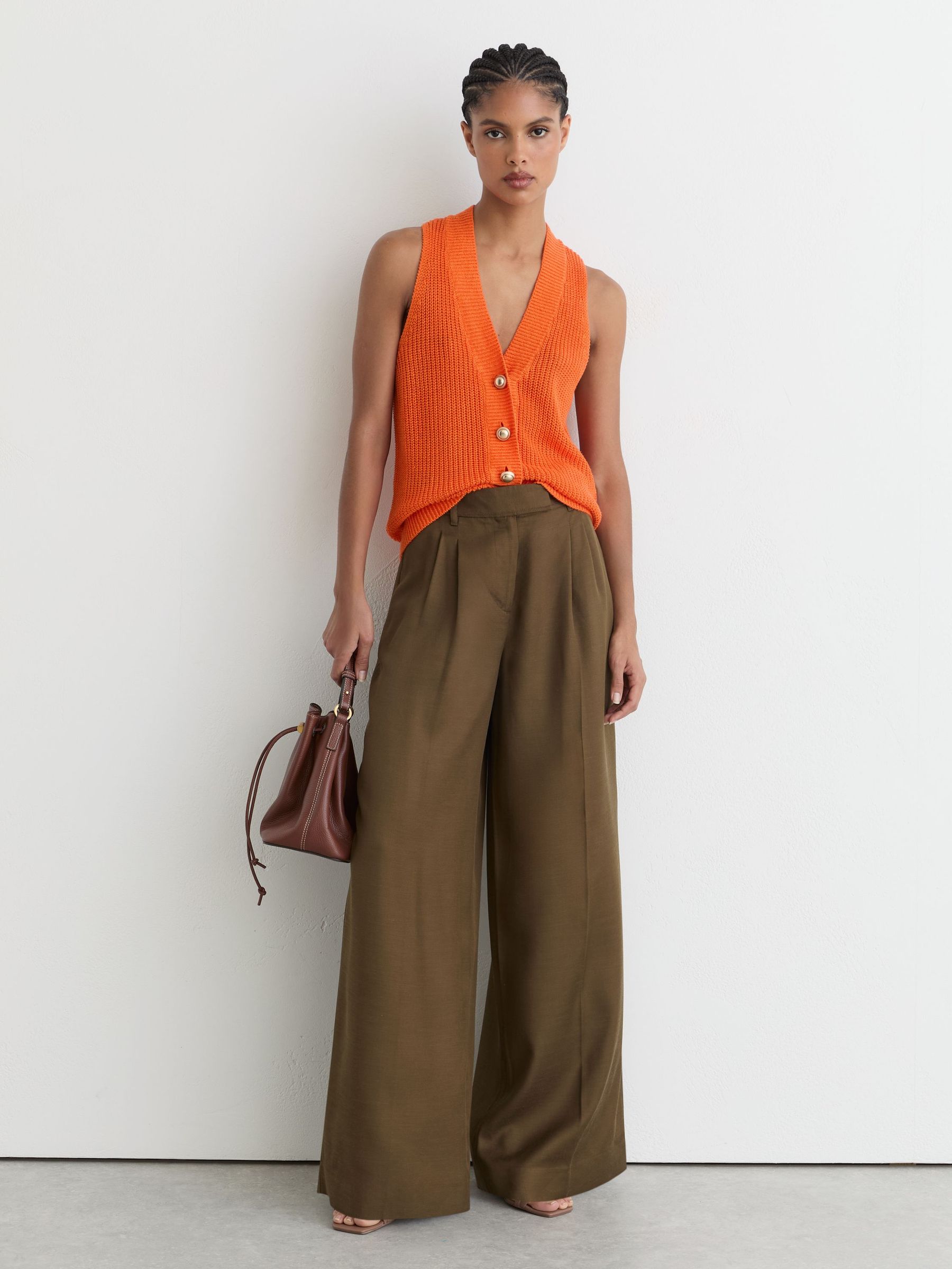 Linen Button-Through Knitted Waistcoat in Orange - Image 1 of 7