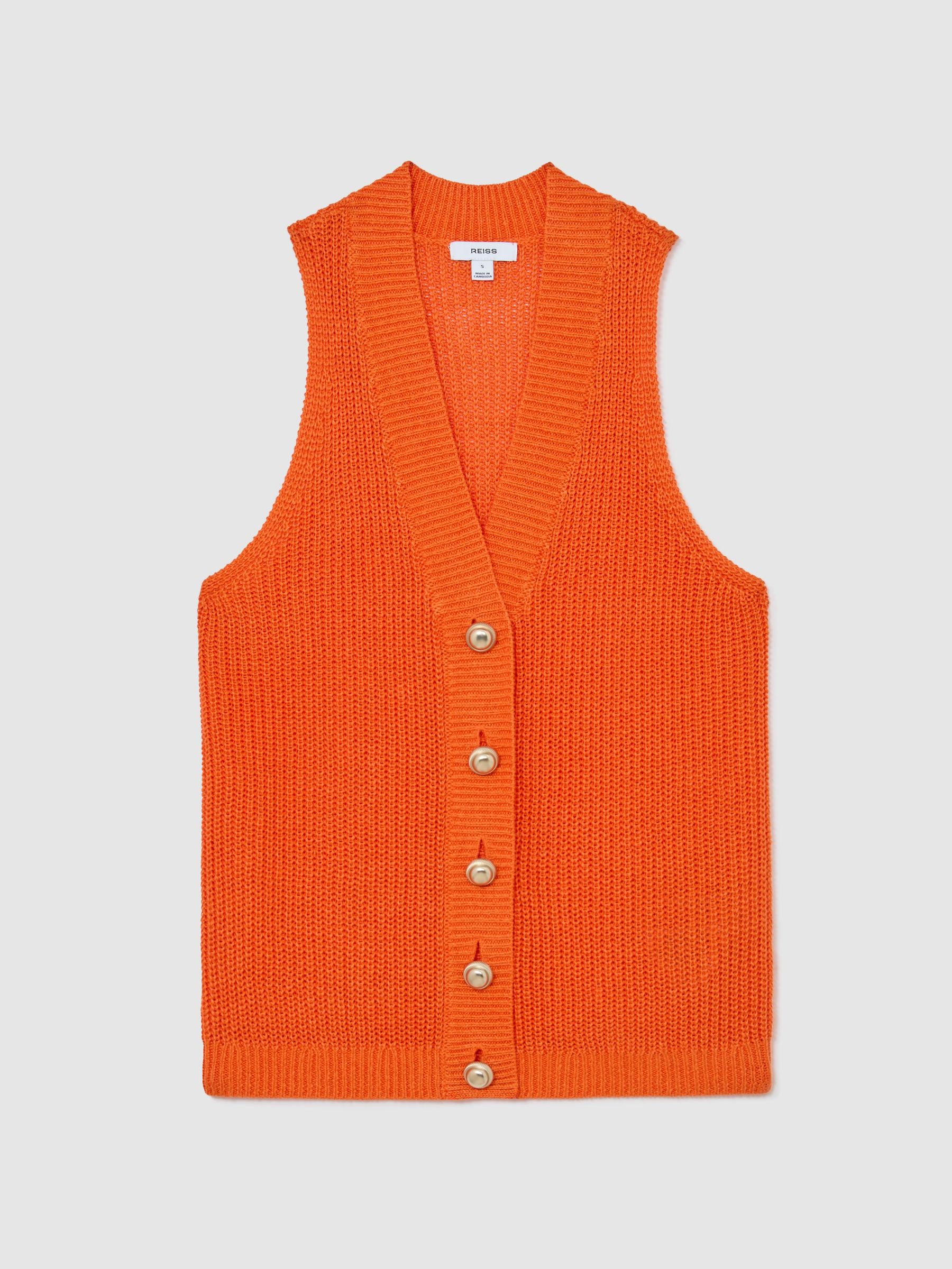 Linen Button-Through Knitted Waistcoat in Orange - Image 2 of 7