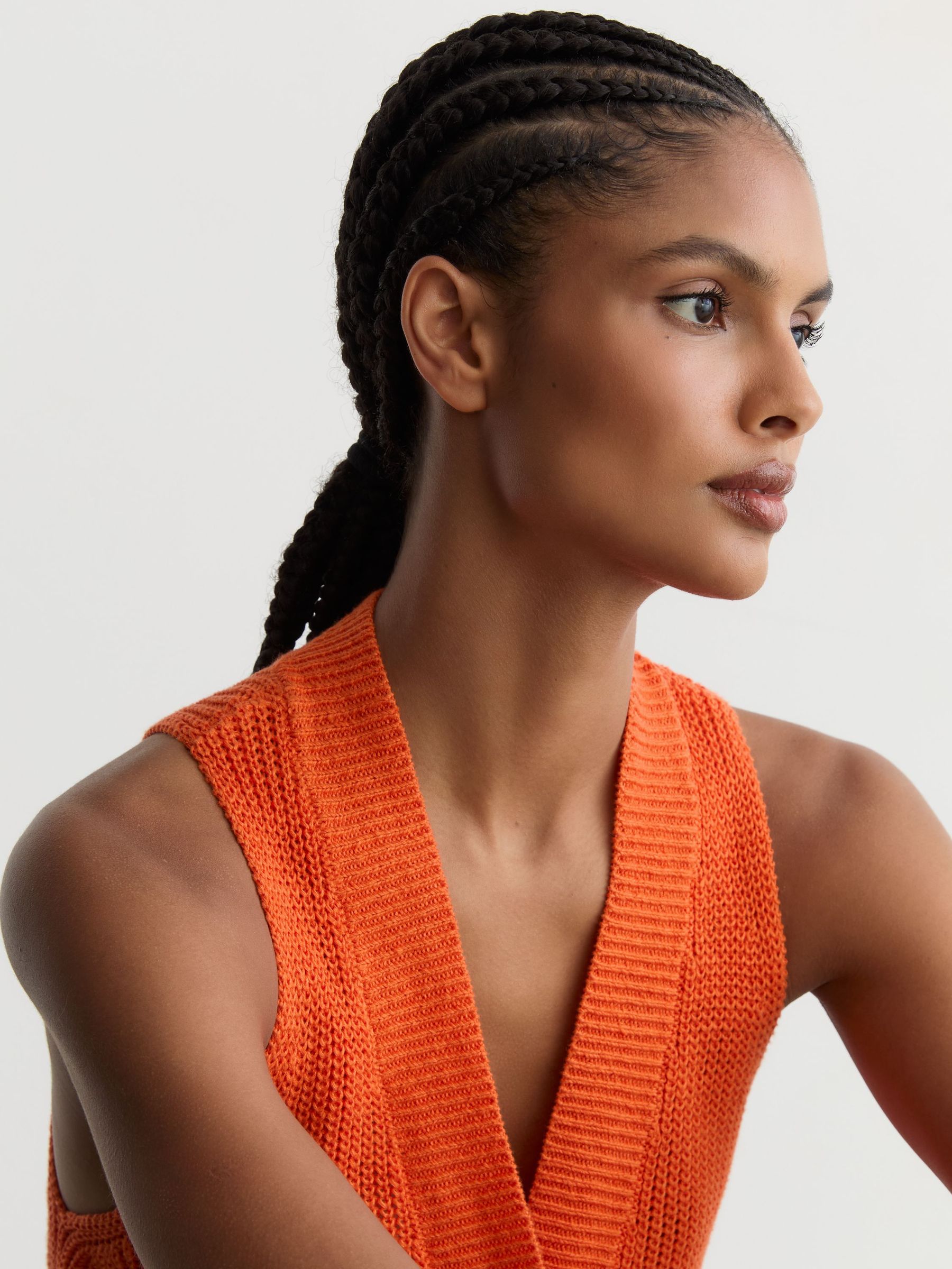 Linen Button-Through Knitted Waistcoat in Orange - Image 3 of 7