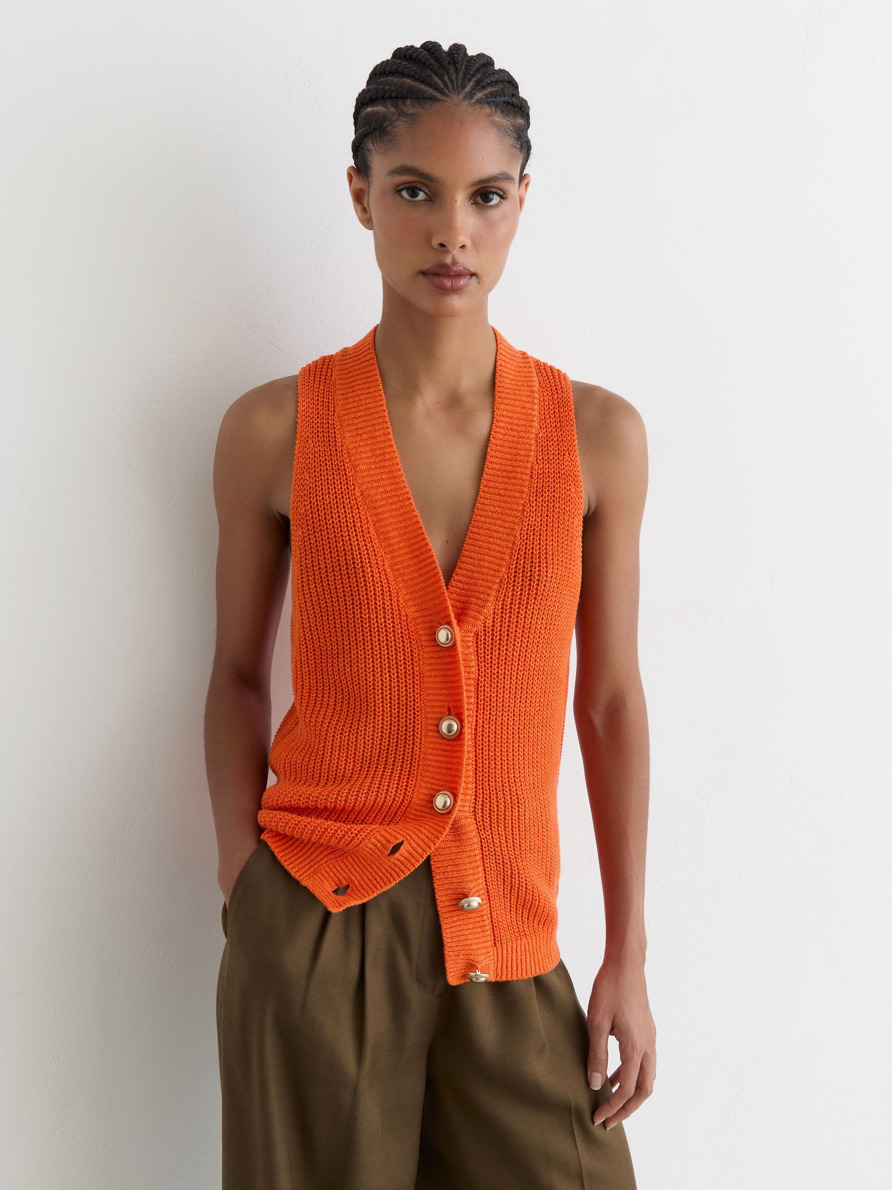 Linen Button-Through Knitted Waistcoat in Orange - Image 4 of 7