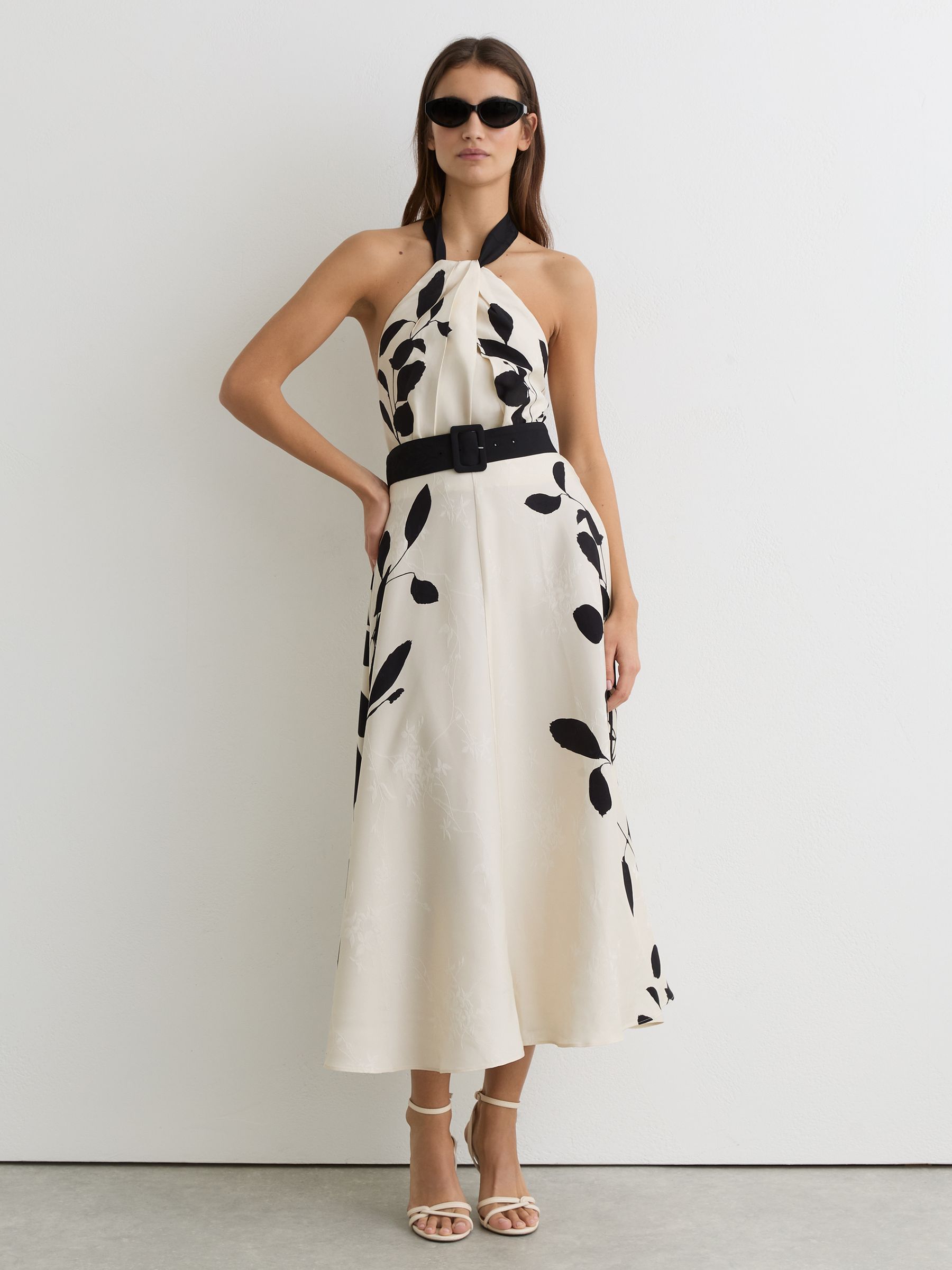Jacquard Printed Halterneck Midi Dress in Ivory/Black - image 2