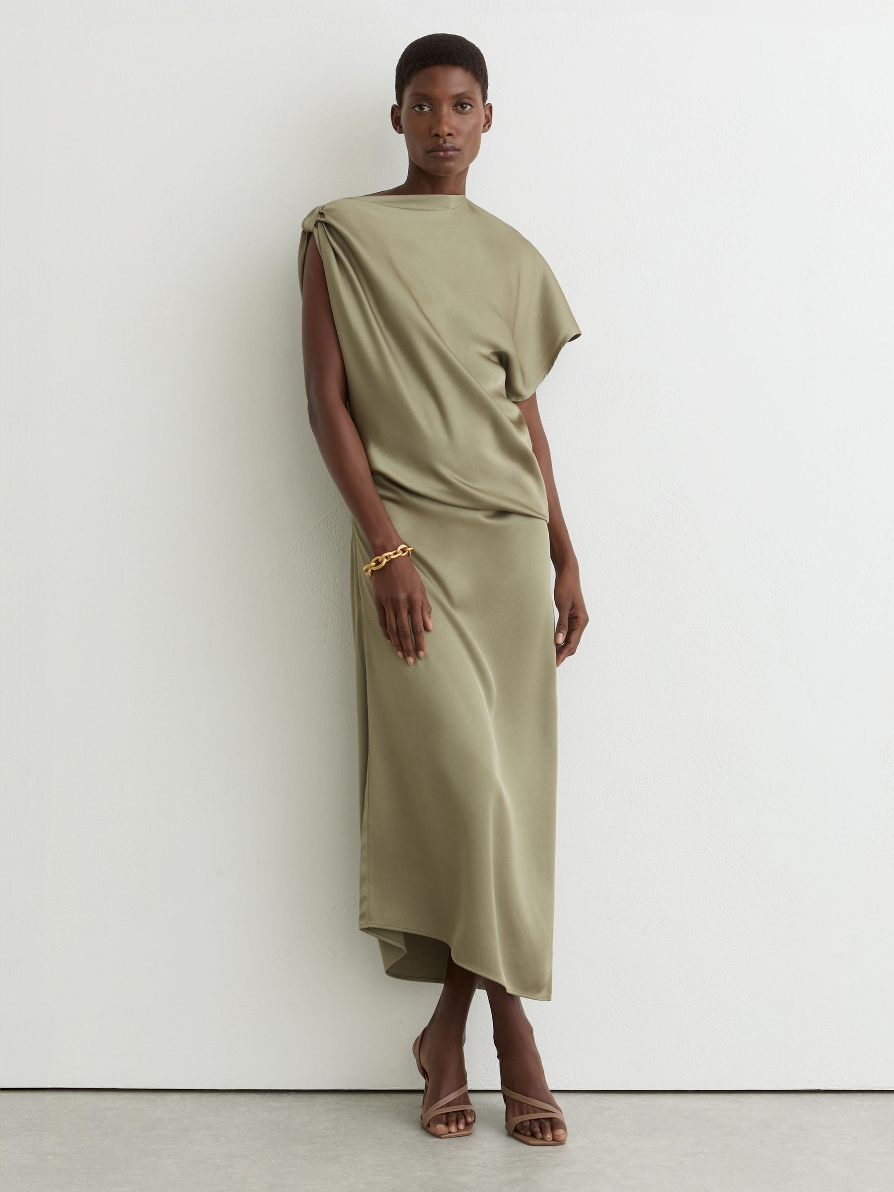 Satin Asymmetric Draped Midi Dress in Khaki Green - Image 1 of 6 Satin Asymmetric Draped Midi Dress in Khaki Green - Image 1 of 6
